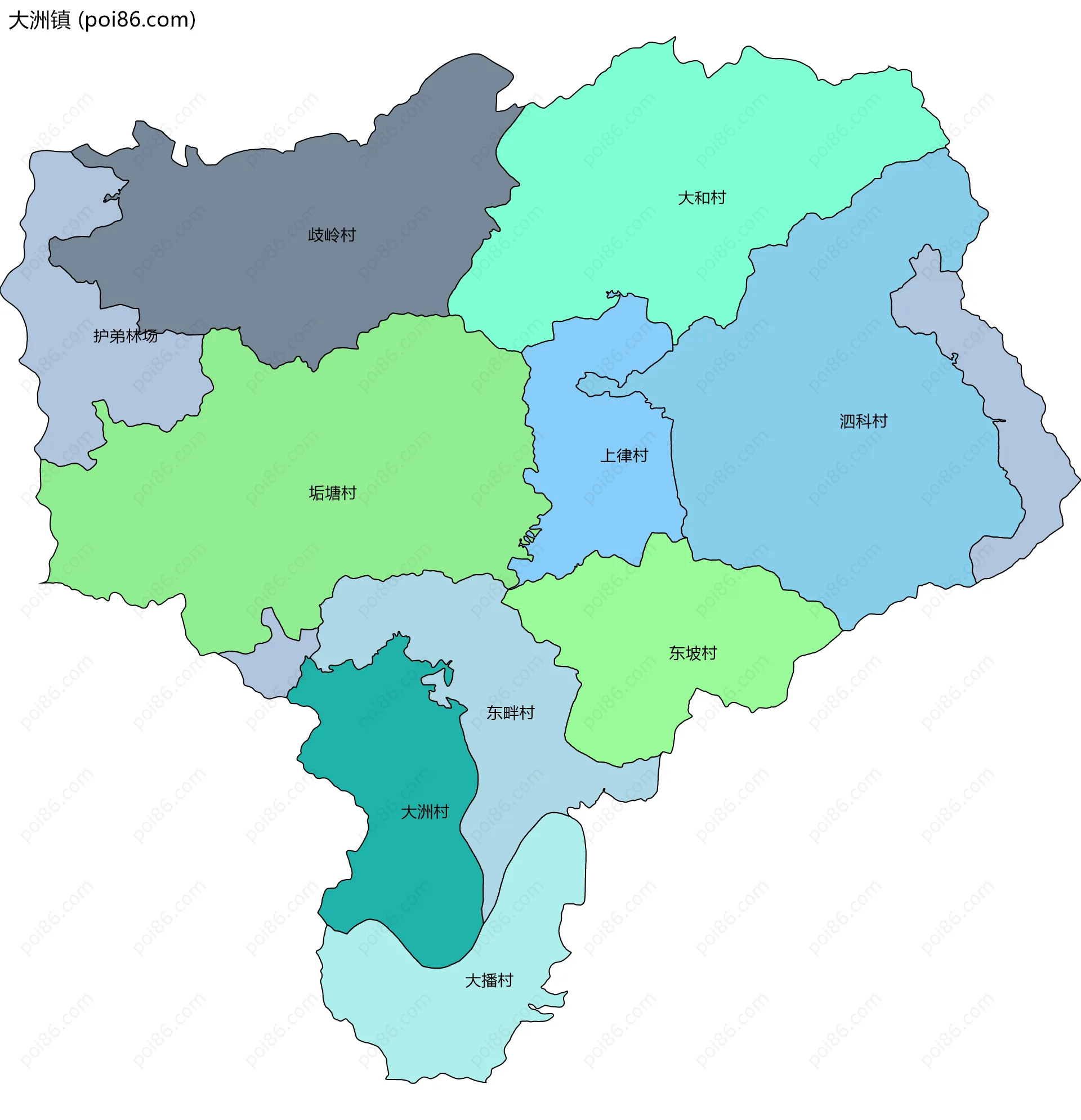 大洲镇边界地图(五级行政区划)