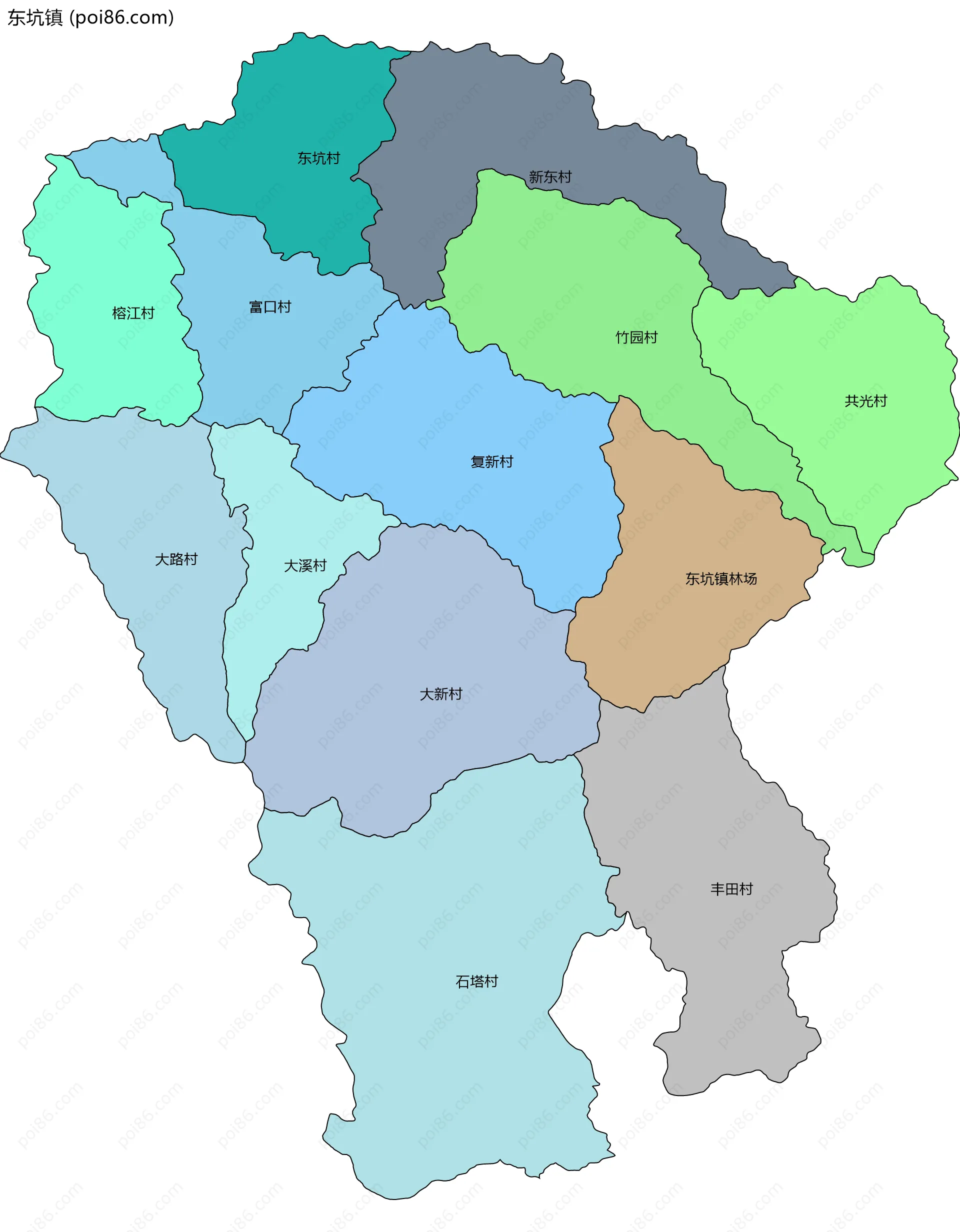 东坑镇边界地图(五级行政区划)