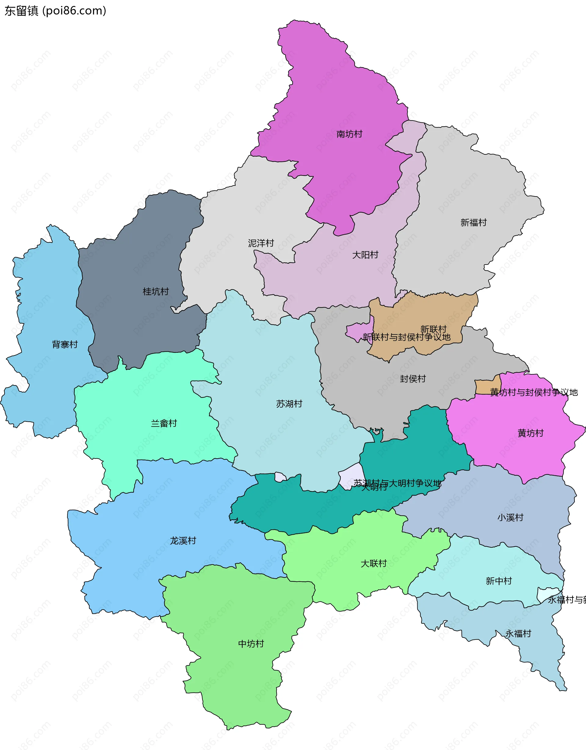 东留镇边界地图(五级行政区划)