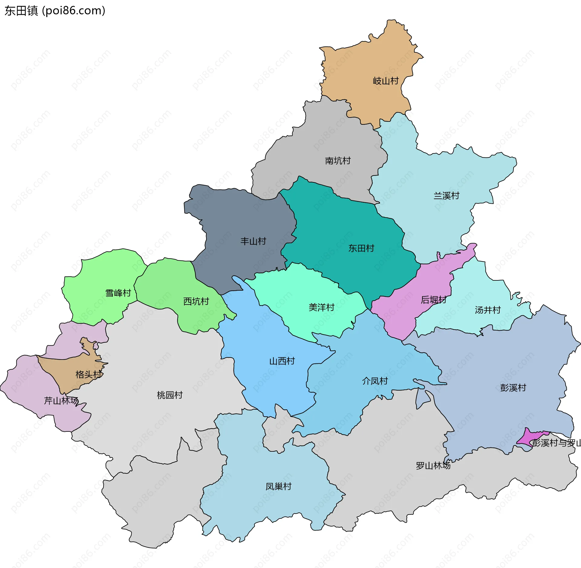 东田镇边界地图(五级行政区划)