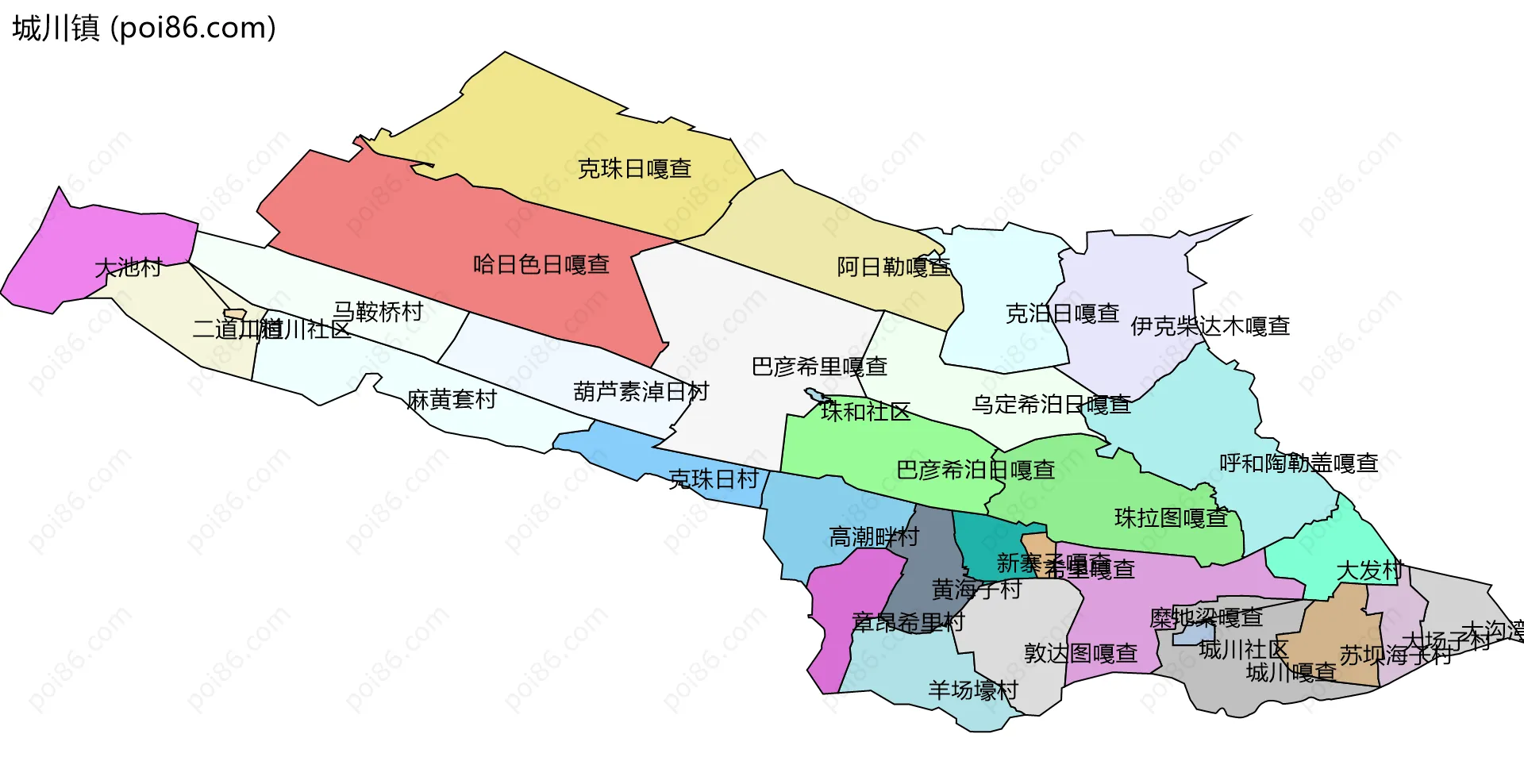 城川镇边界地图(五级行政区划)