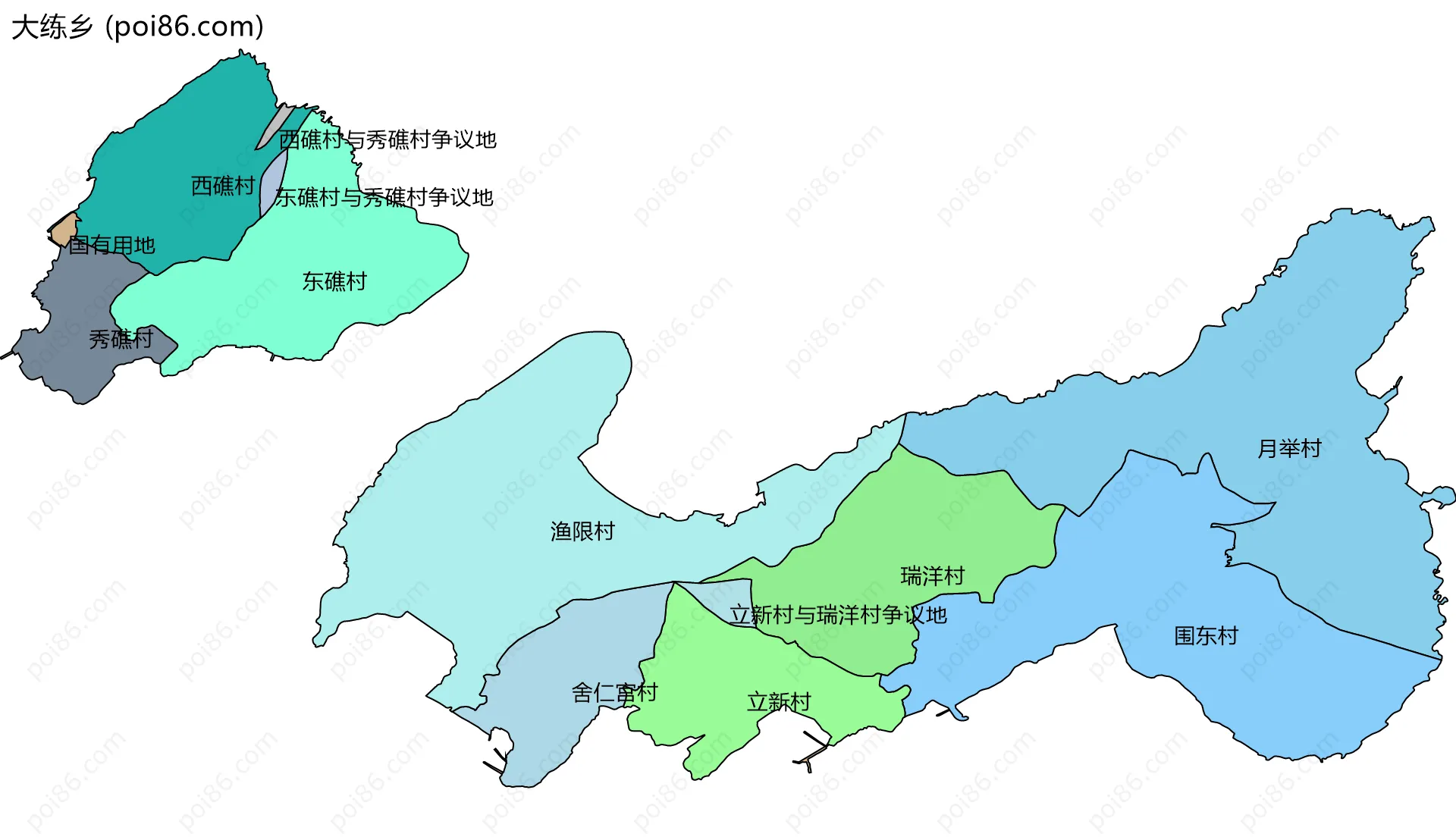 大练乡边界地图(五级行政区划)