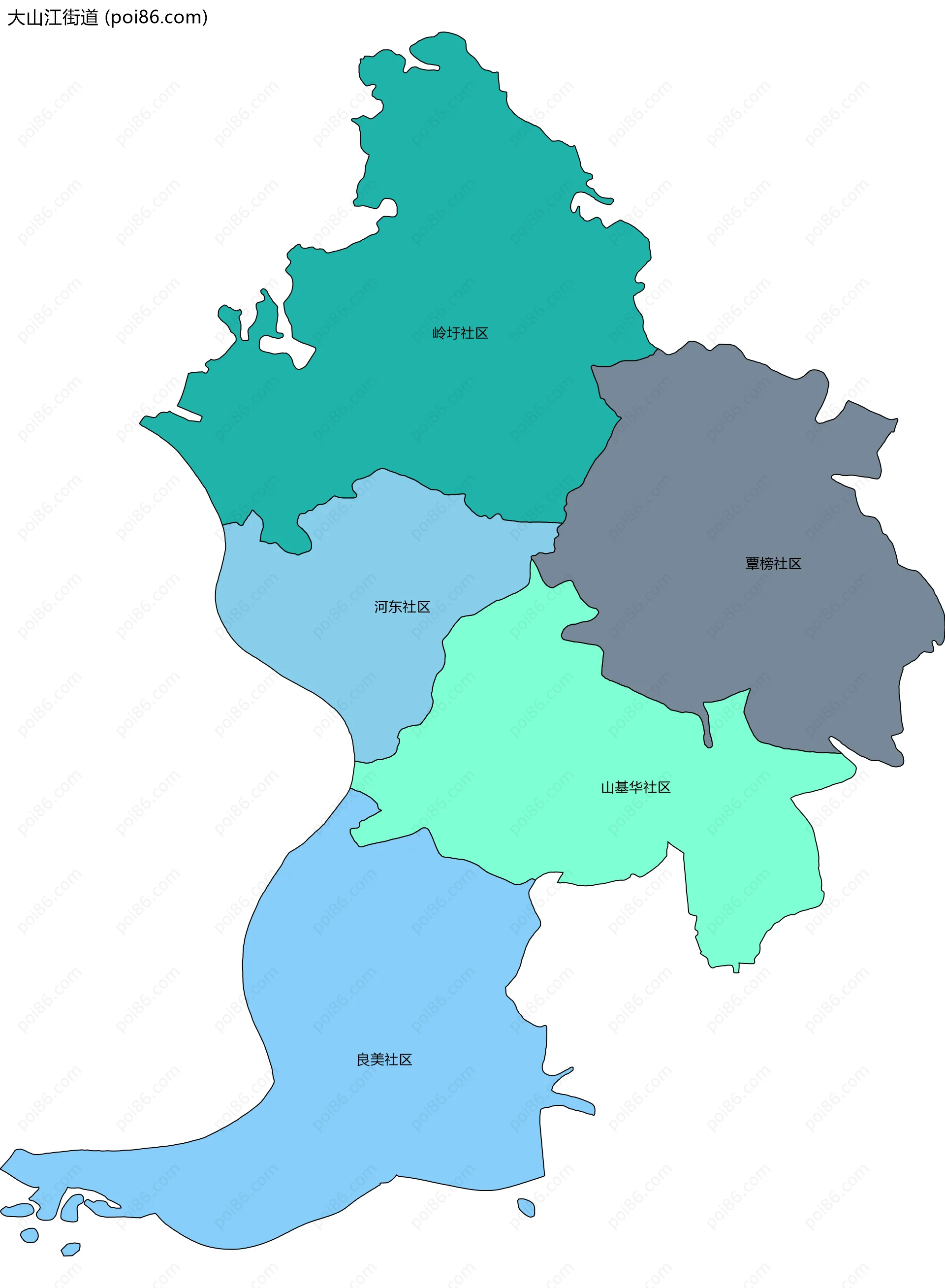 大山江街道边界地图(五级行政区划)