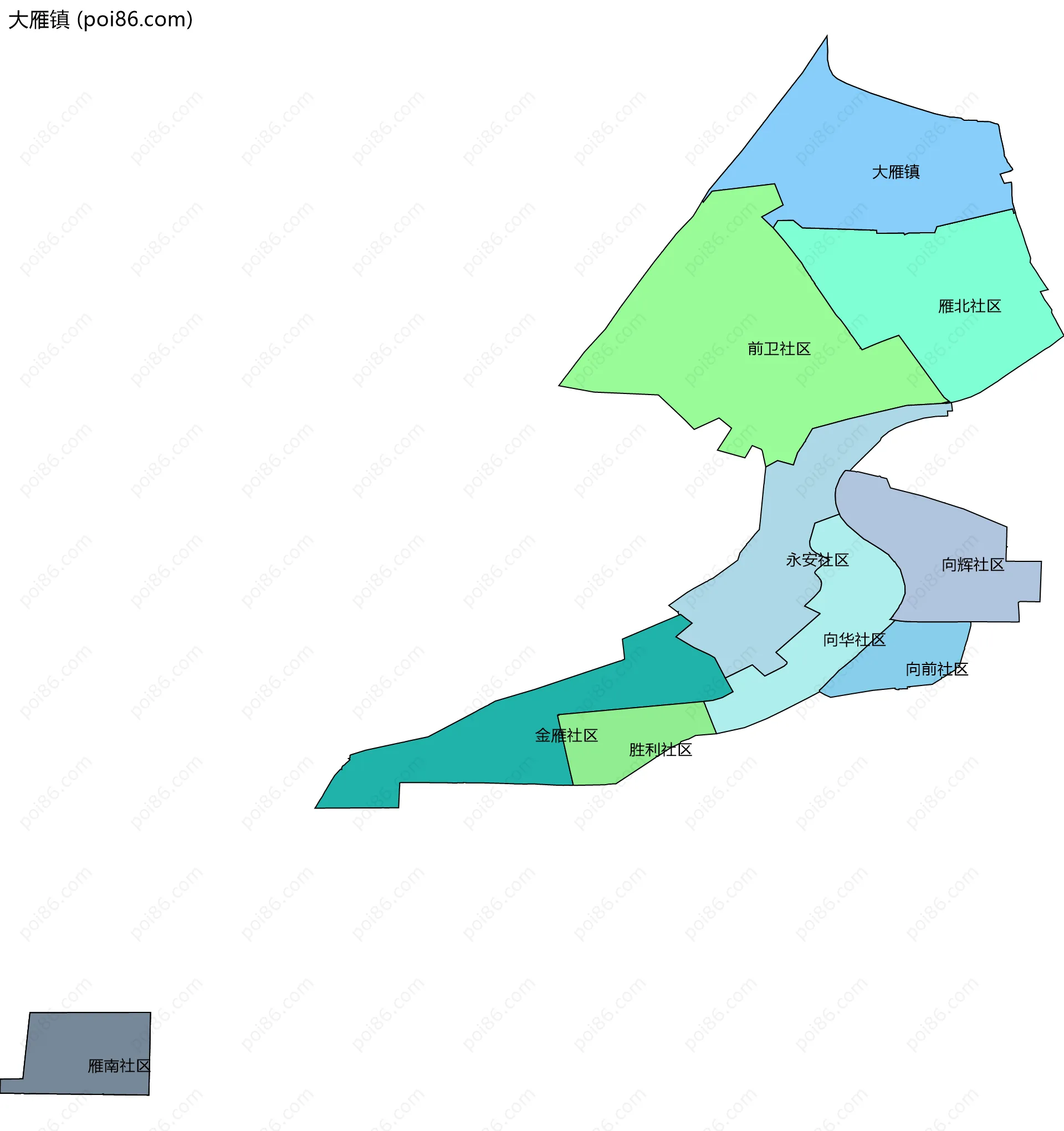大雁镇边界地图(五级行政区划)