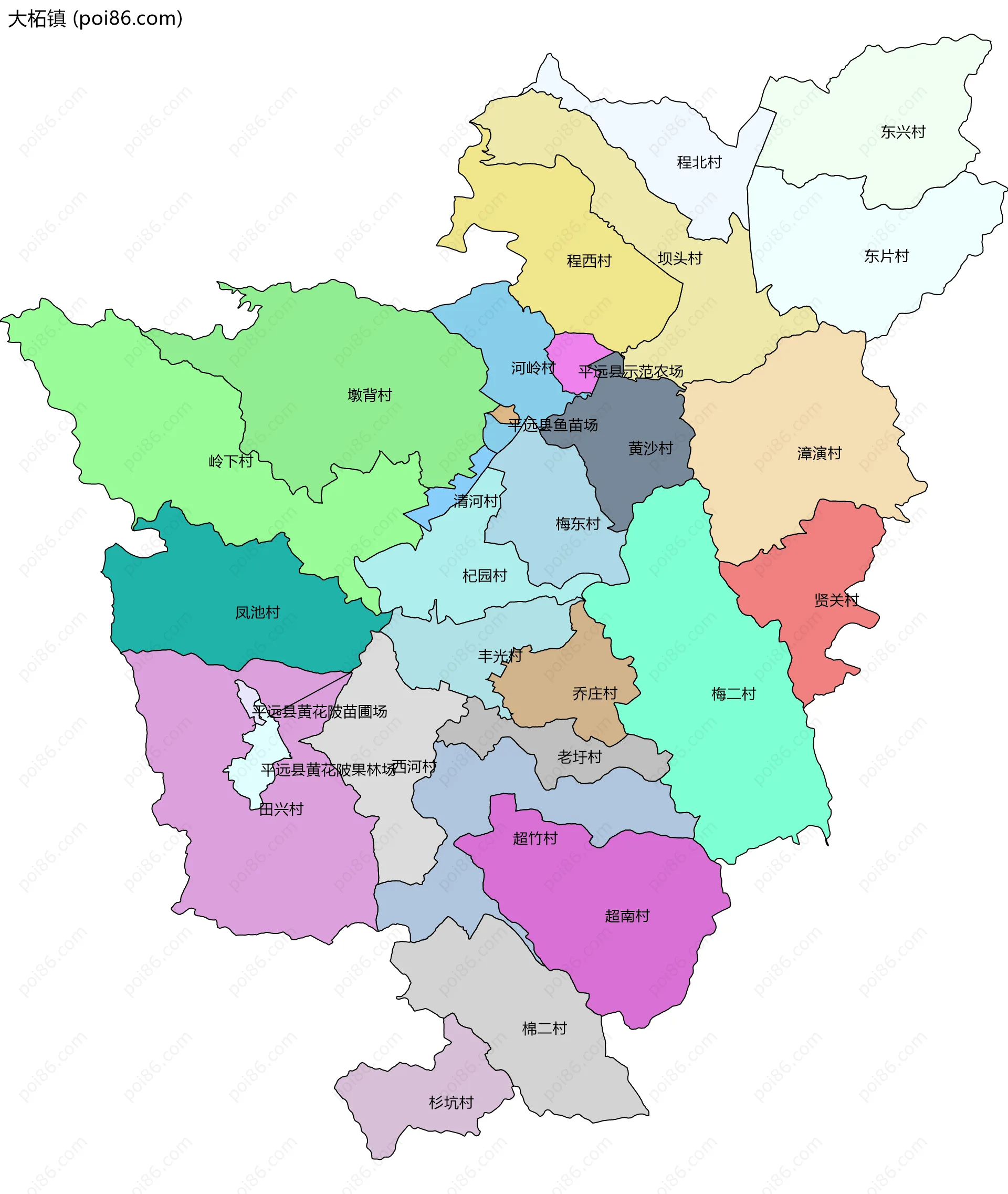 大柘镇边界地图(五级行政区划)