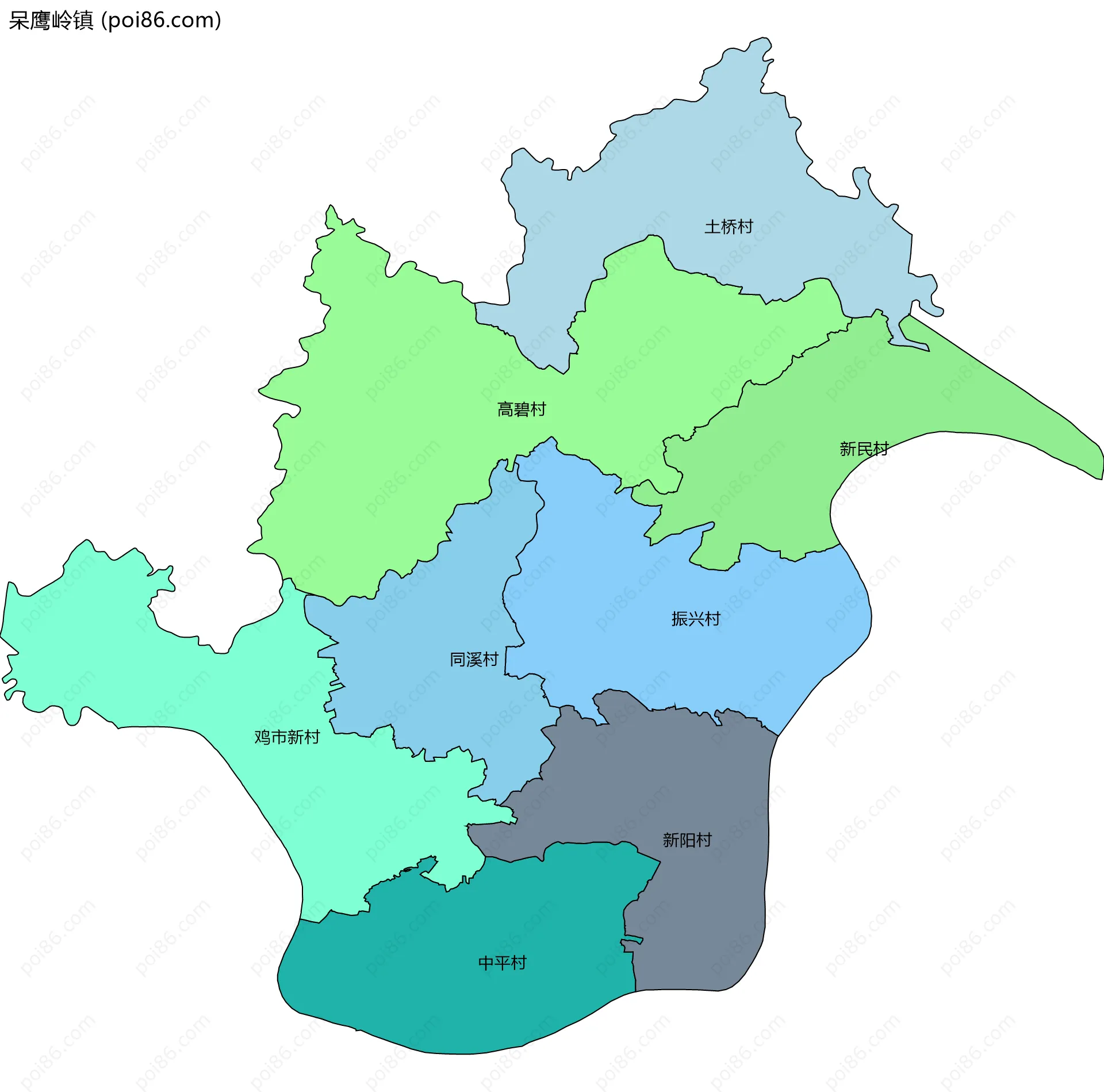 呆鹰岭镇边界地图(五级行政区划)