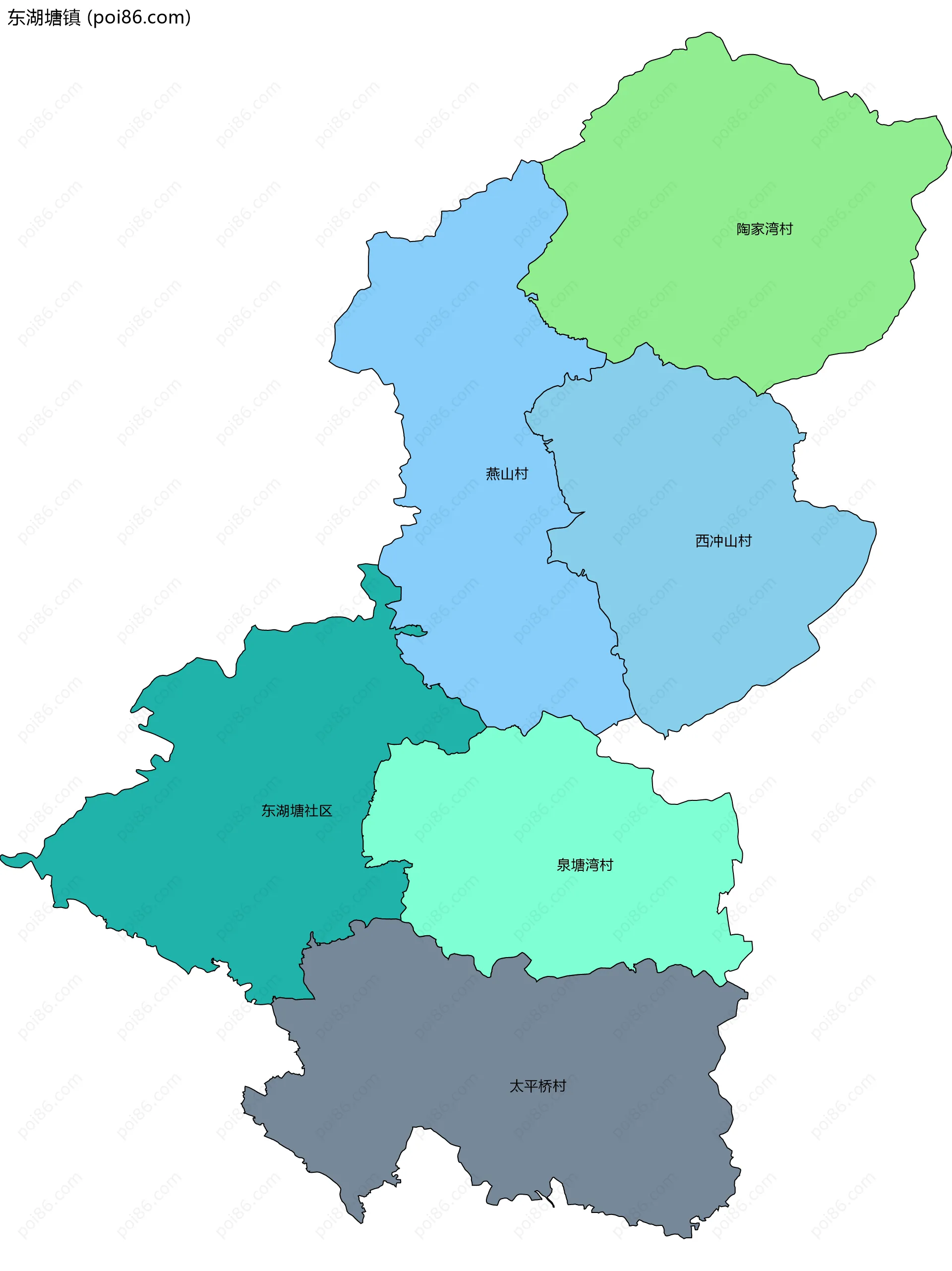 东湖塘镇边界地图(五级行政区划)