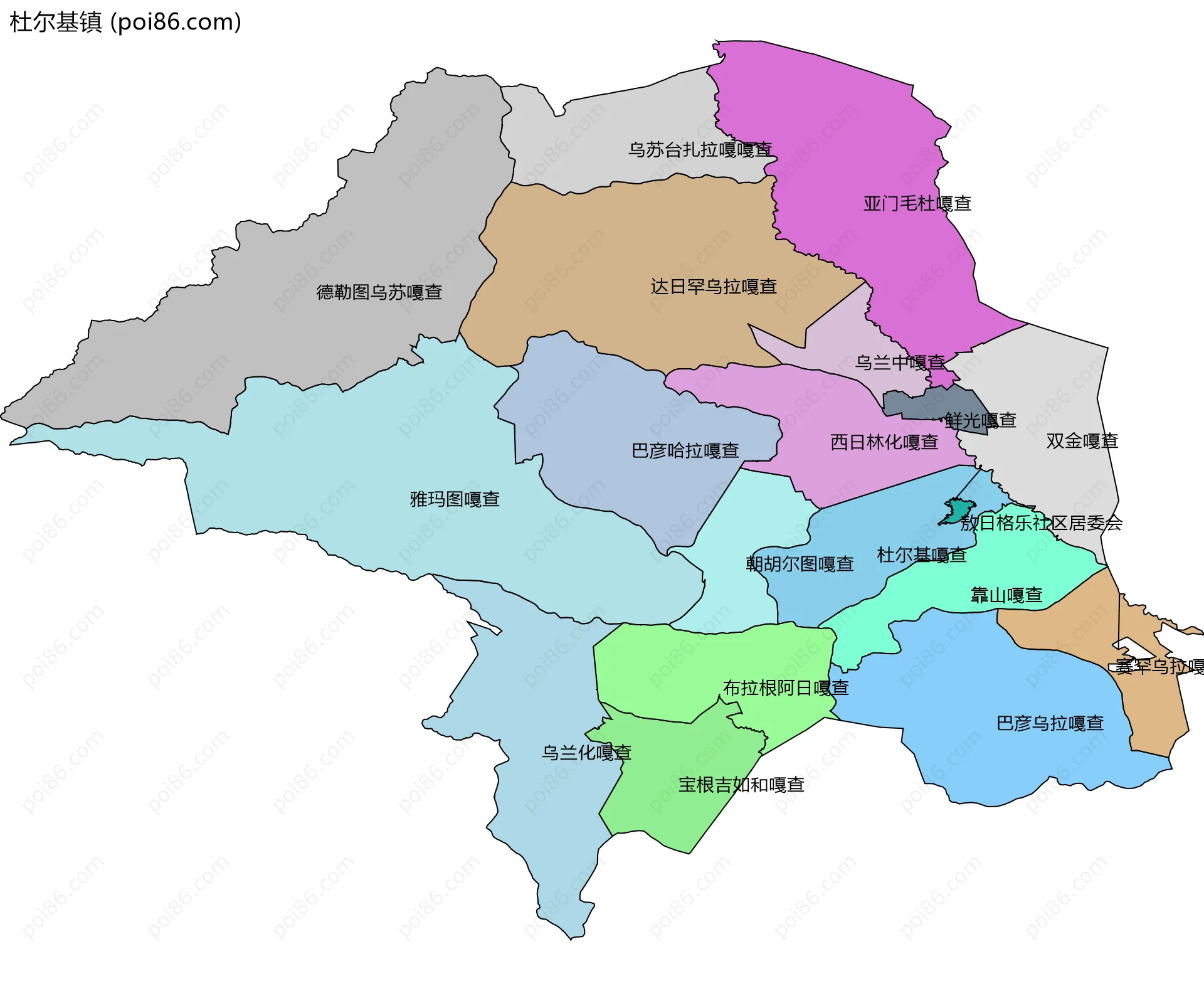 杜尔基镇边界地图(五级行政区划)