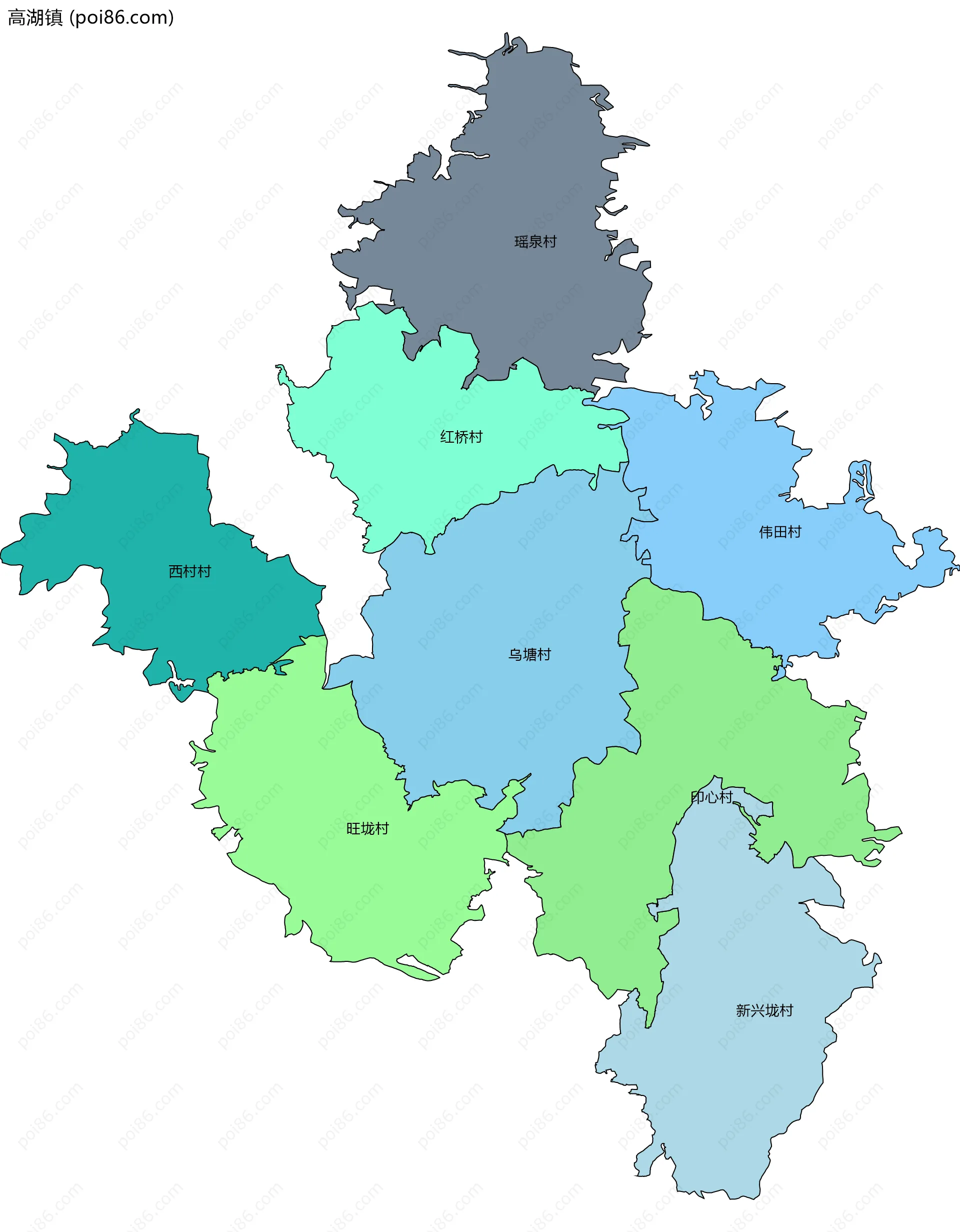 高湖镇边界地图(五级行政区划)