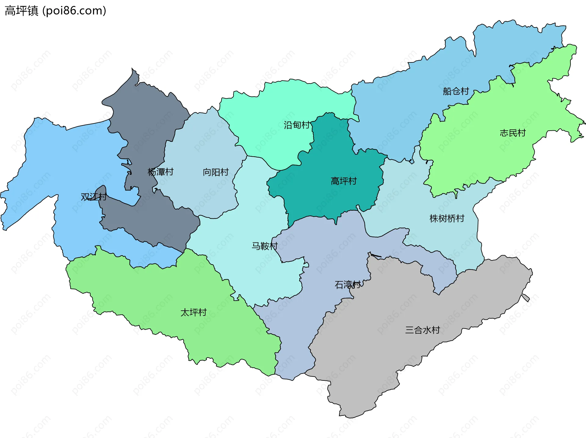 高坪镇边界地图(五级行政区划)