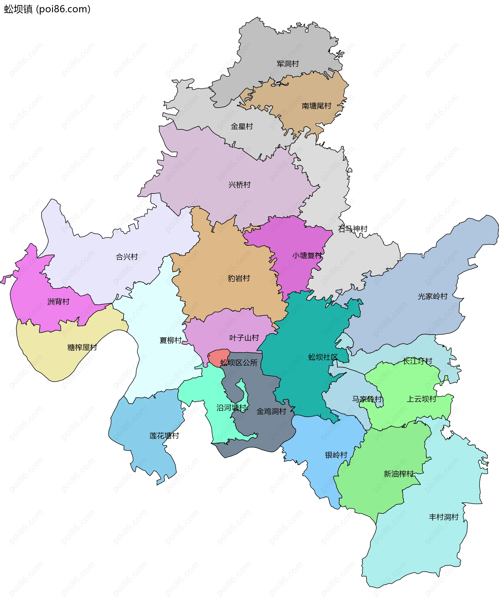 蚣坝镇边界地图(五级行政区划)