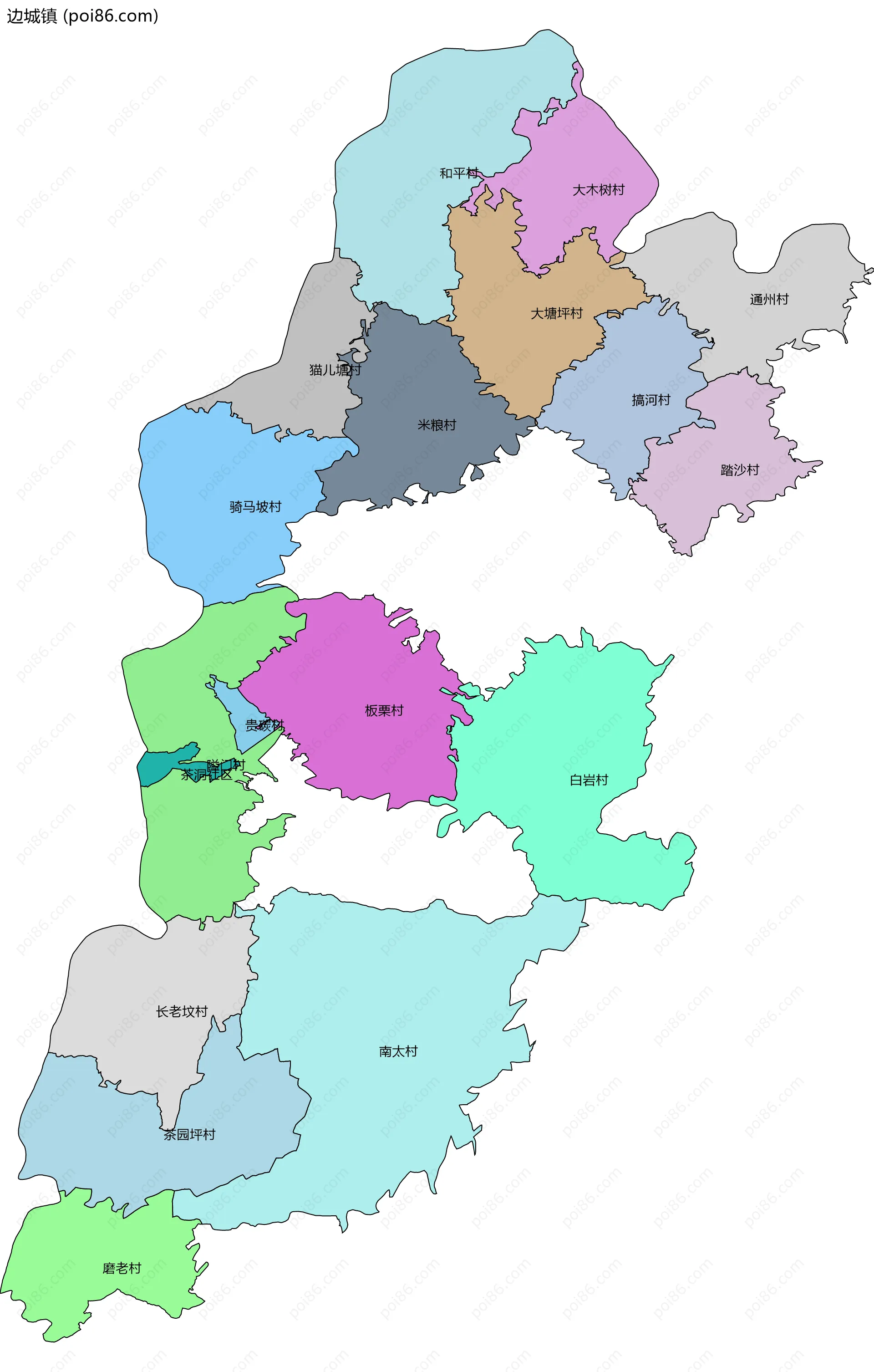 边城镇边界地图(五级行政区划)