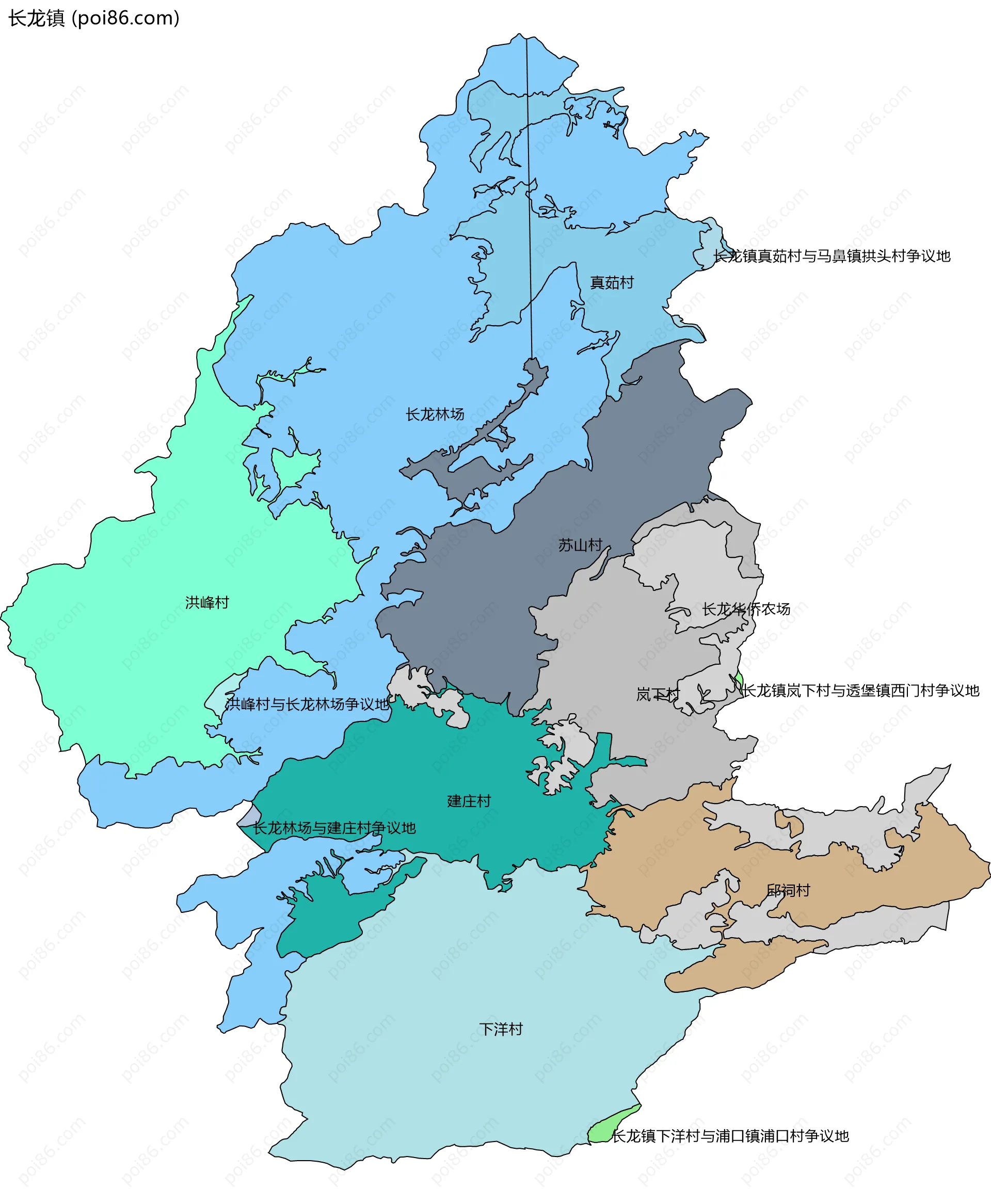 长龙镇边界地图(五级行政区划)