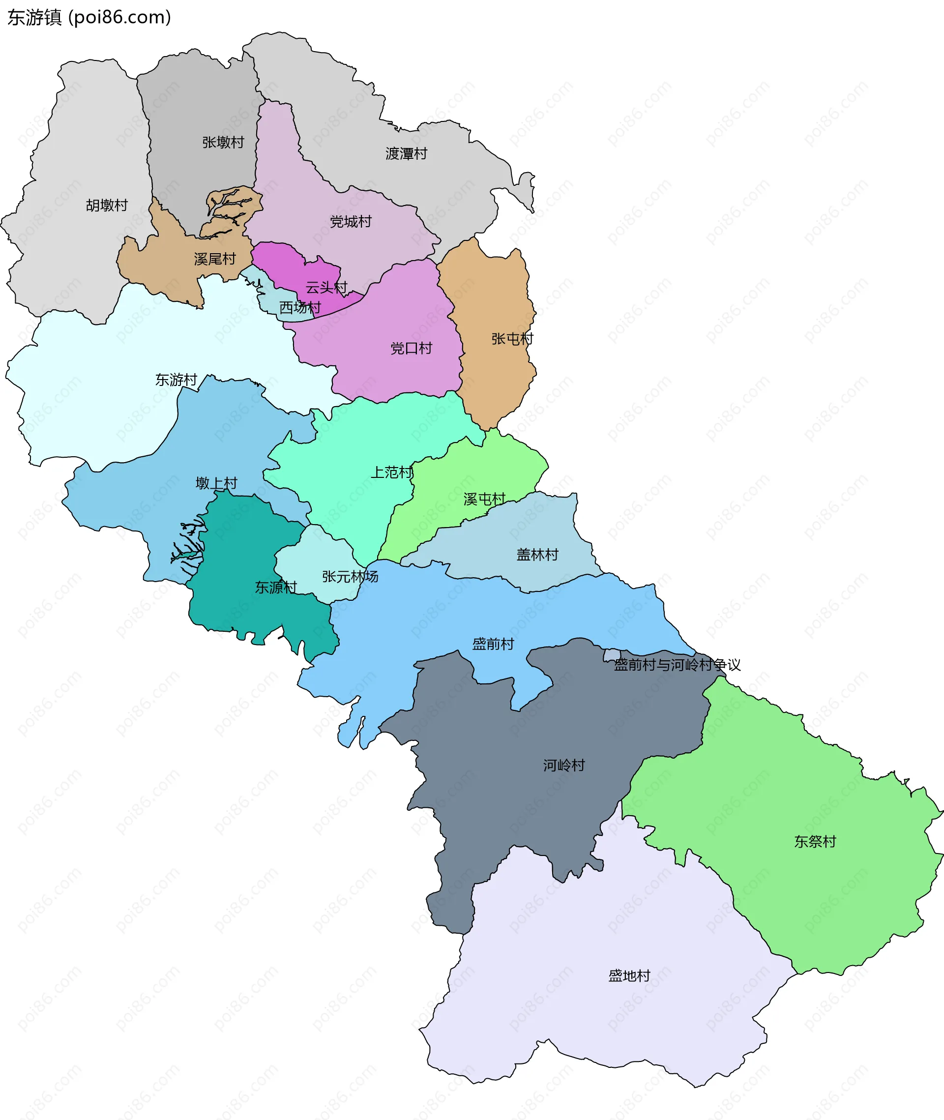 东游镇边界地图(五级行政区划)