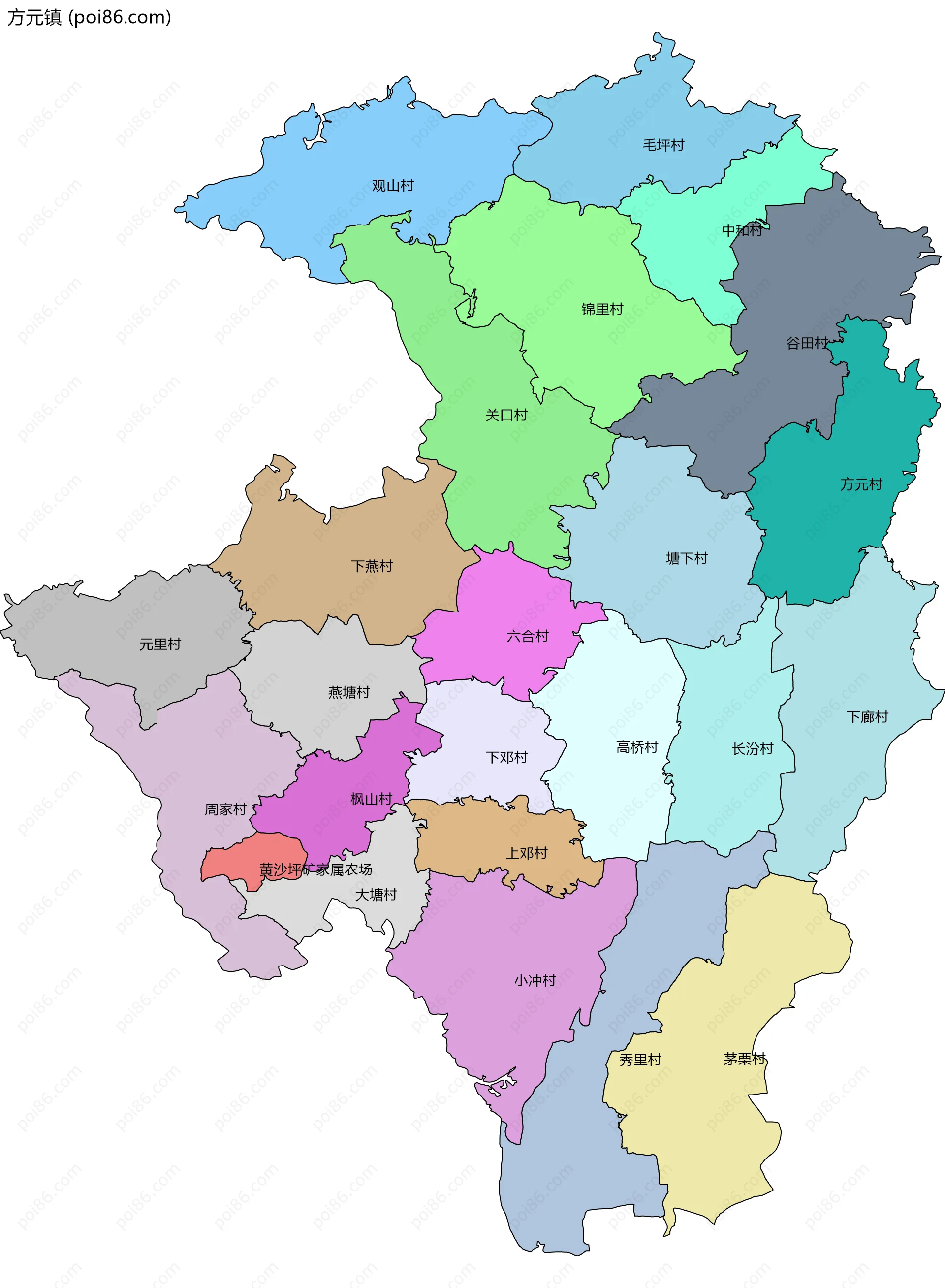 方元镇边界地图(五级行政区划)