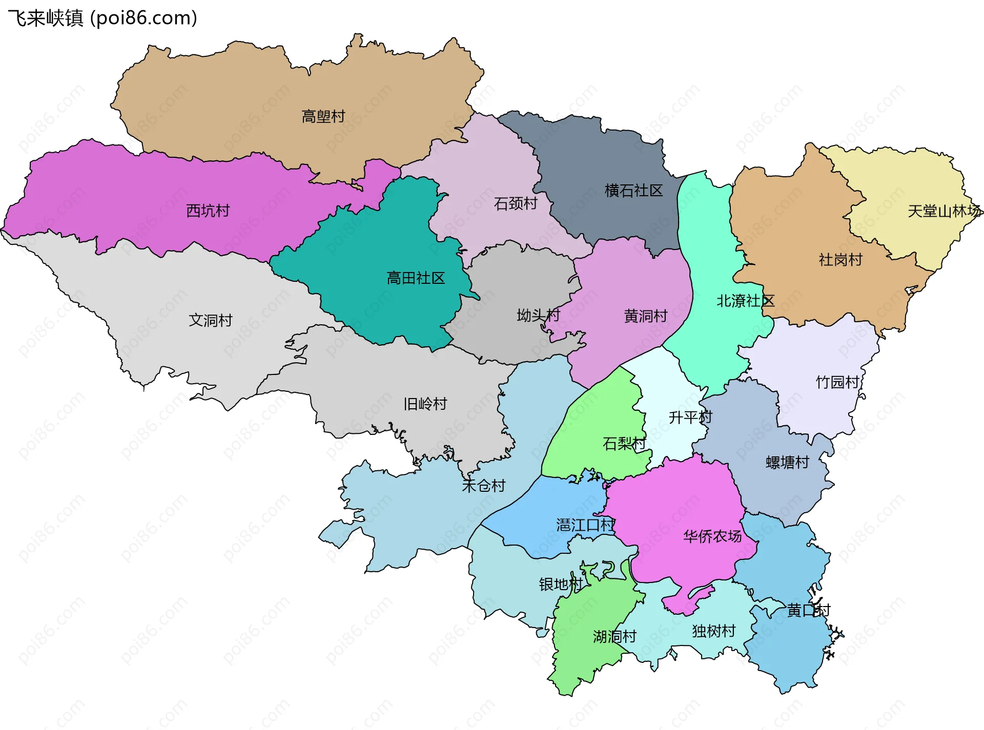 飞来峡镇边界地图(五级行政区划)