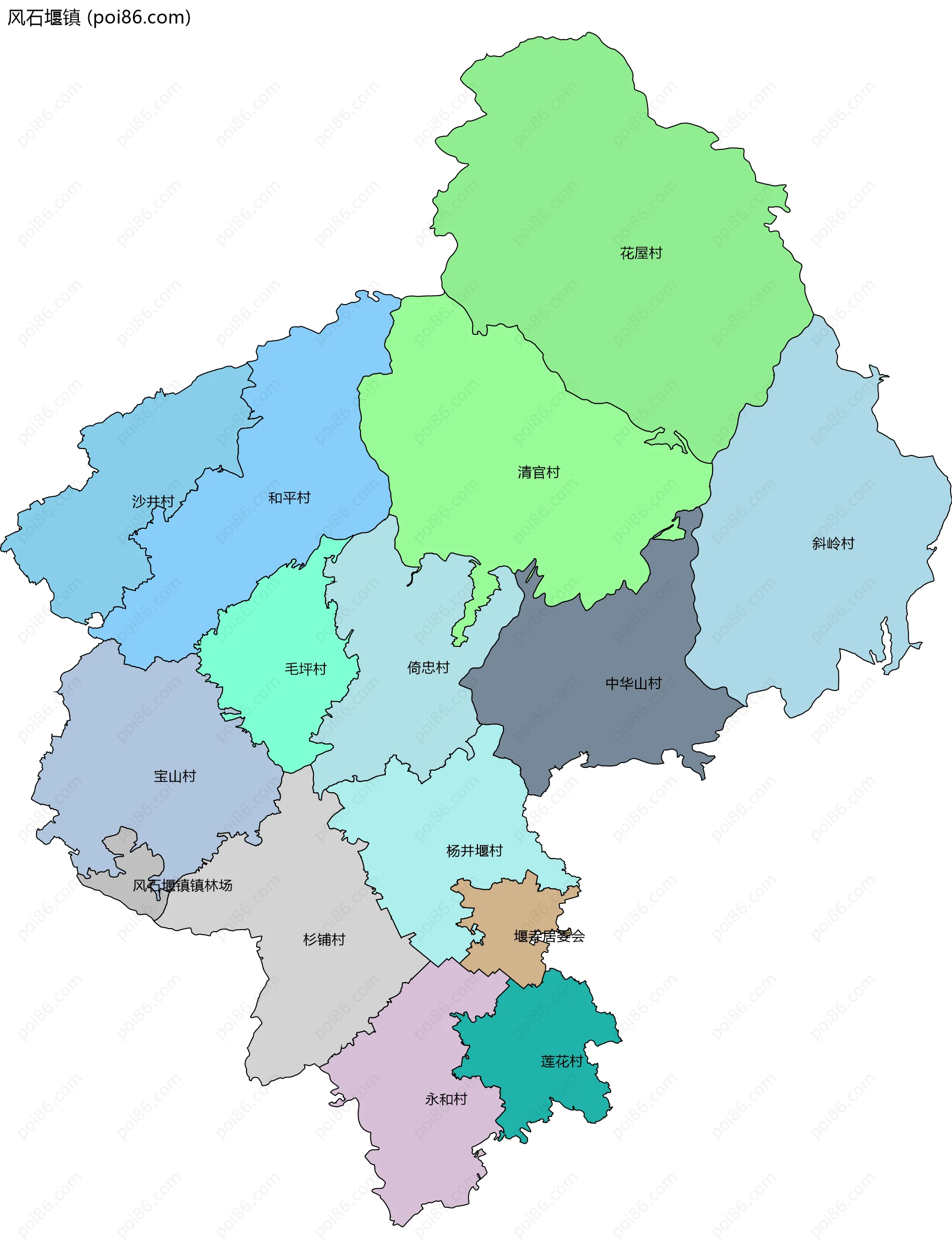 风石堰镇边界地图(五级行政区划)