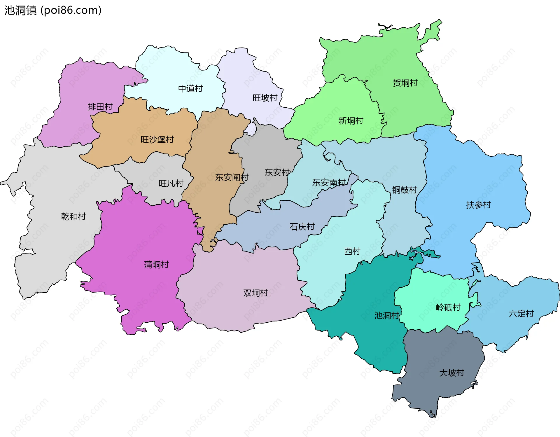 池洞镇边界地图(五级行政区划)