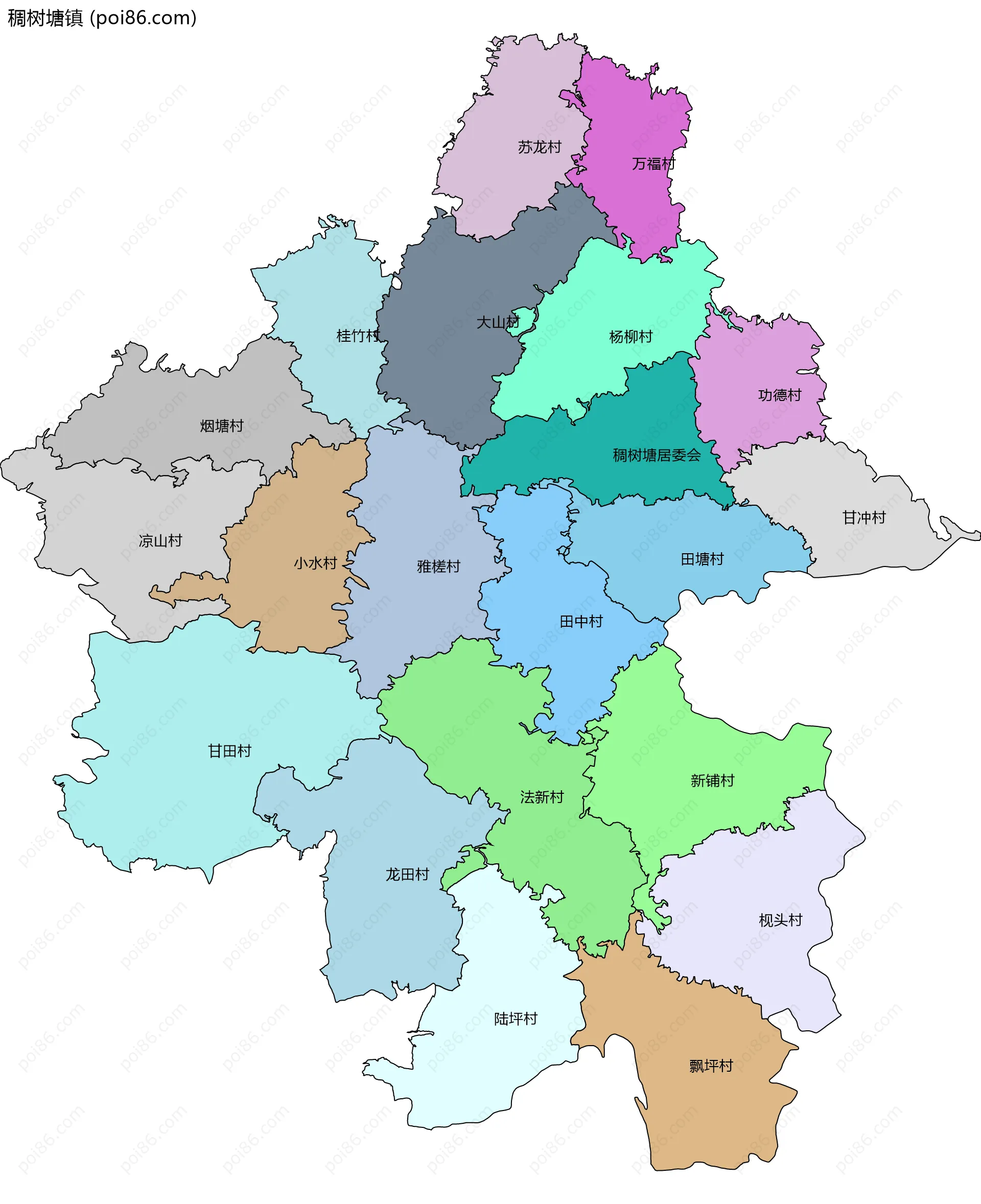 稠树塘镇边界地图(五级行政区划)