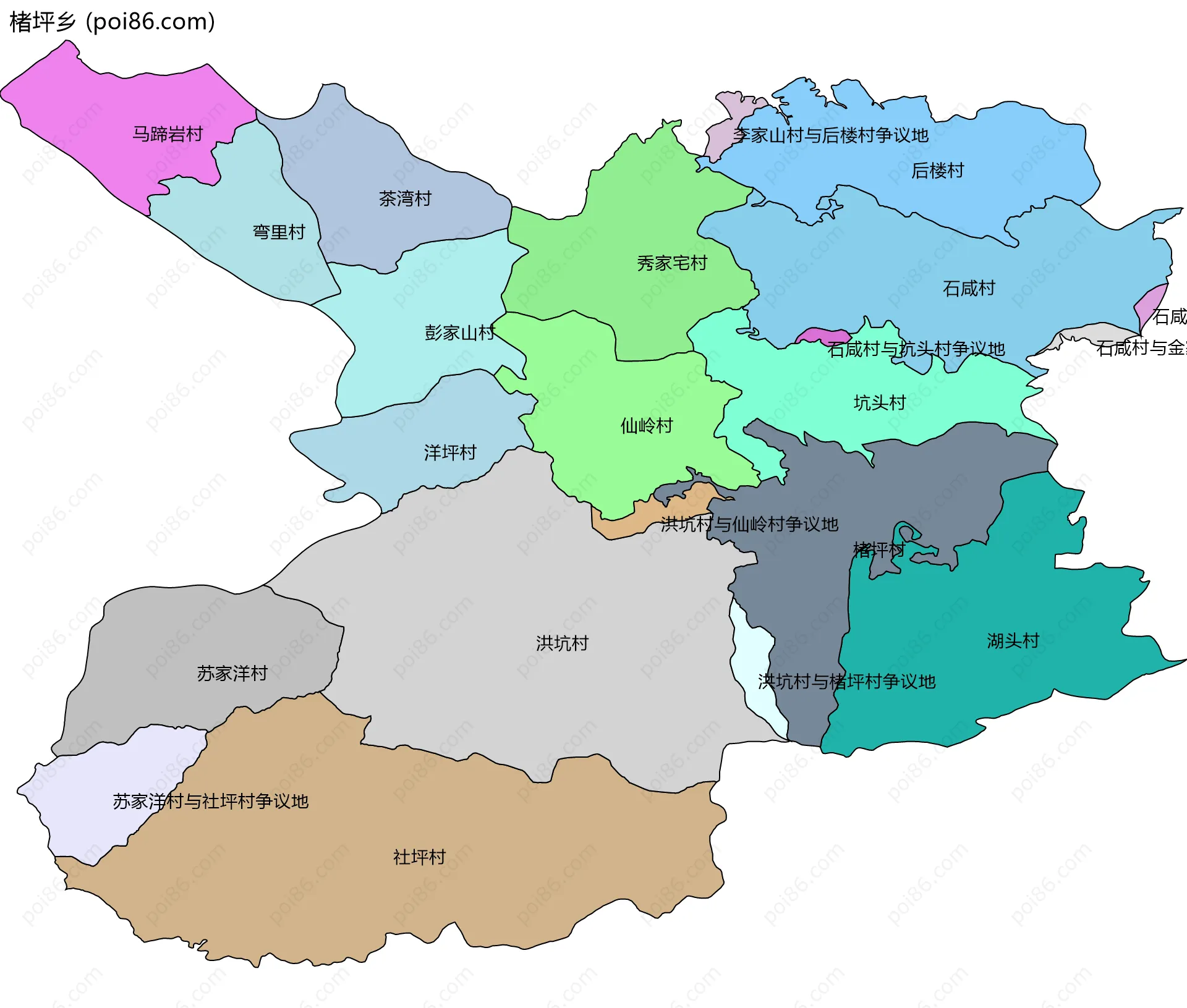 楮坪乡边界地图(五级行政区划)