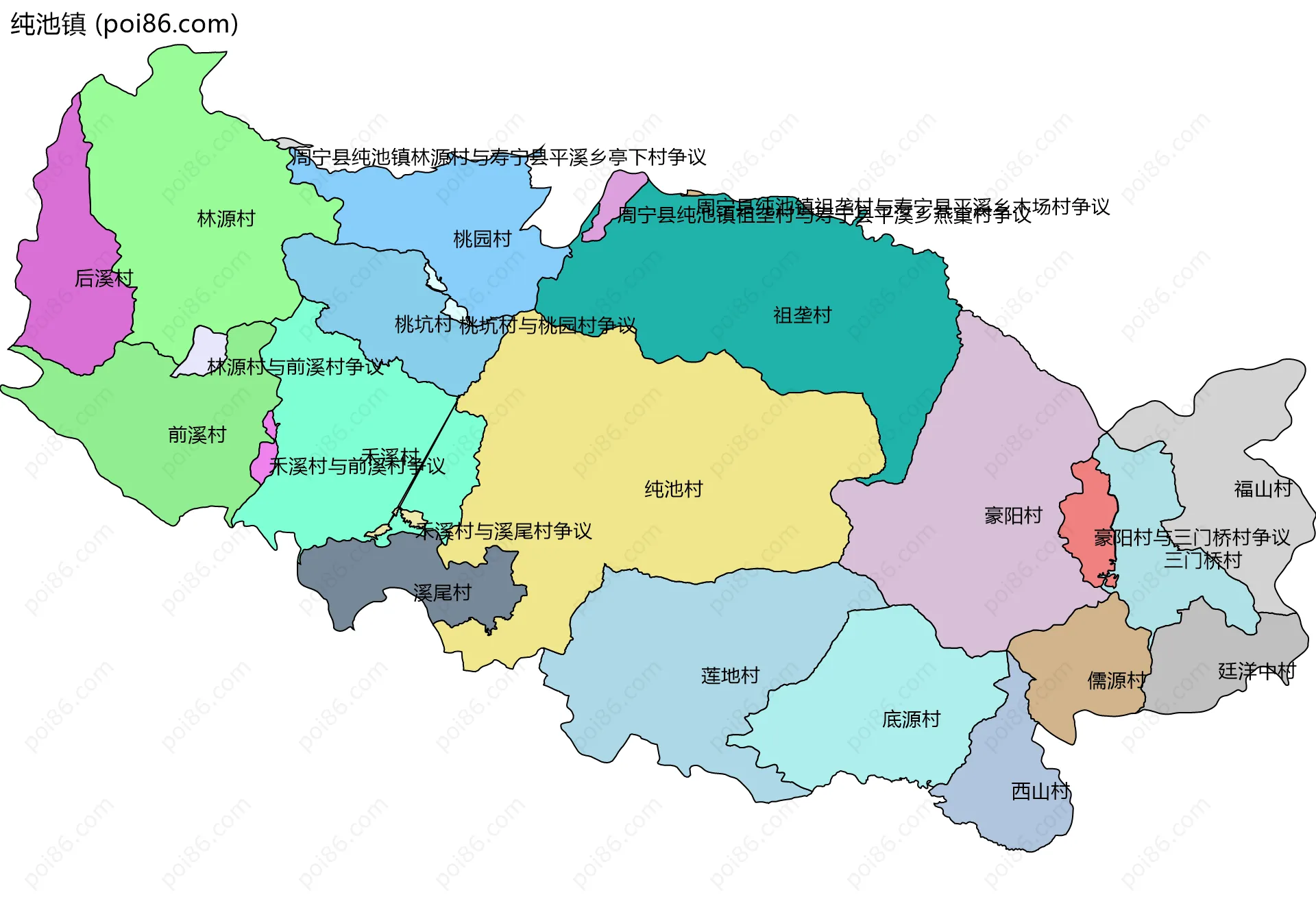 纯池镇边界地图(五级行政区划)