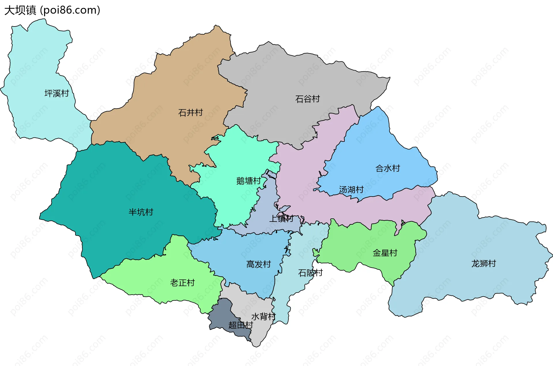 大坝镇边界地图(五级行政区划)