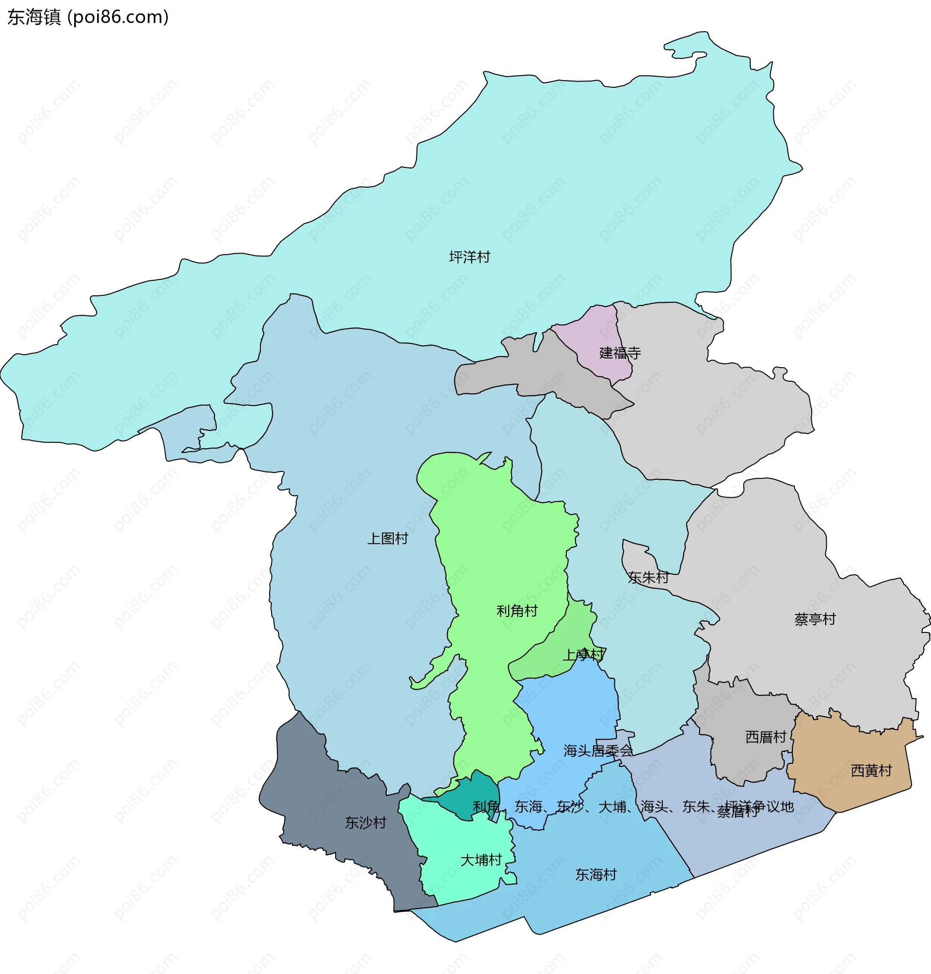 东海镇边界地图(五级行政区划)