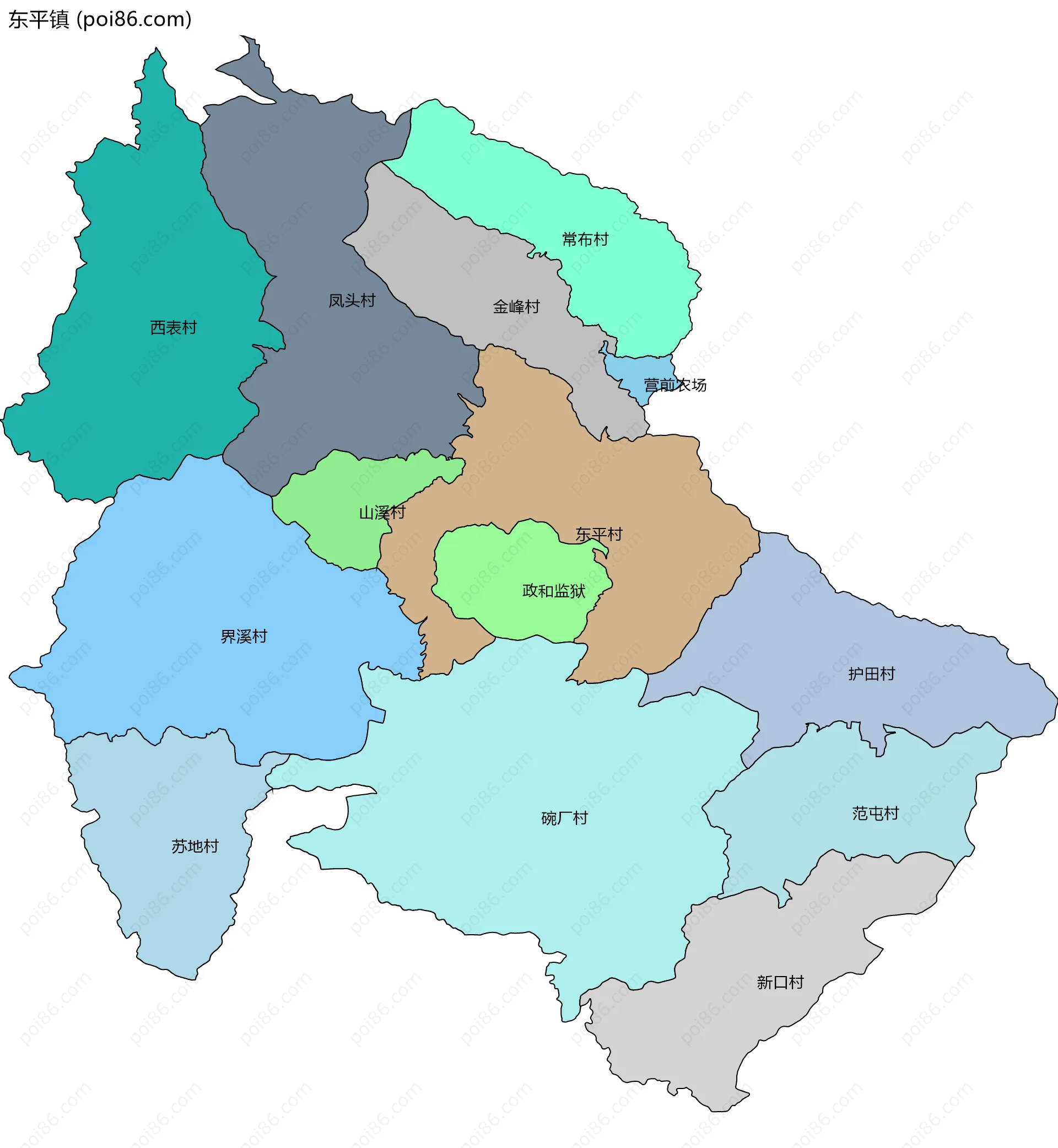 东平镇边界地图(五级行政区划)