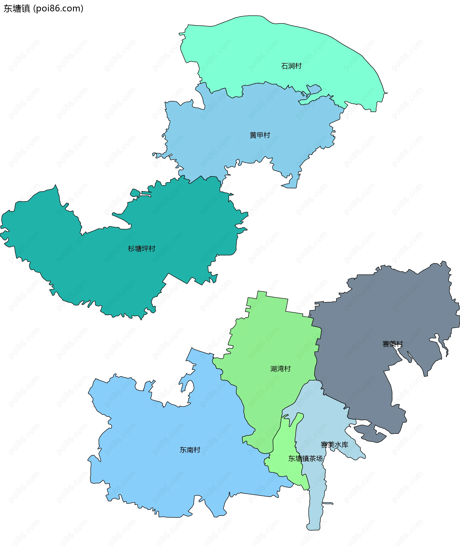 东塘镇边界地图(五级行政区划)