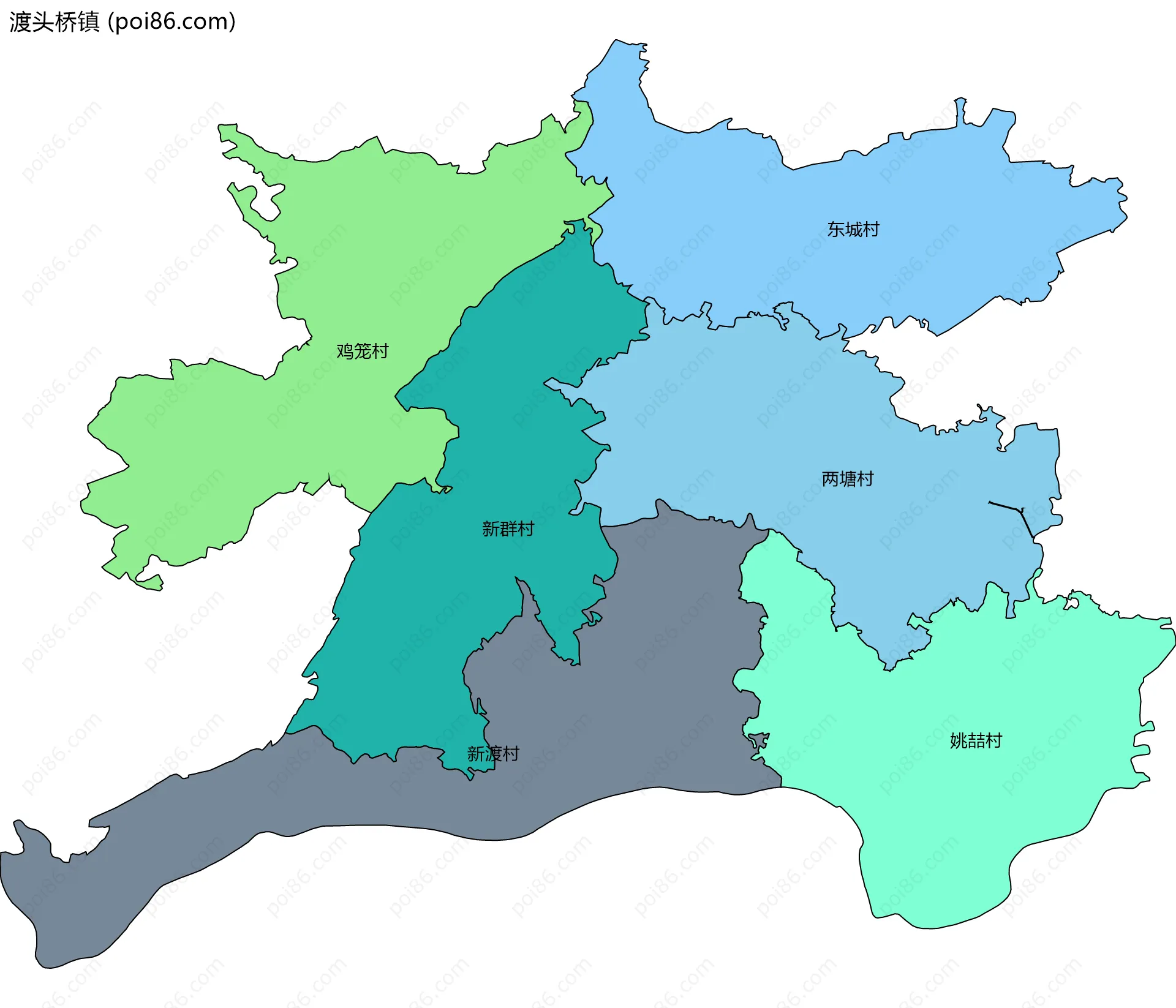 渡头桥镇边界地图(五级行政区划)