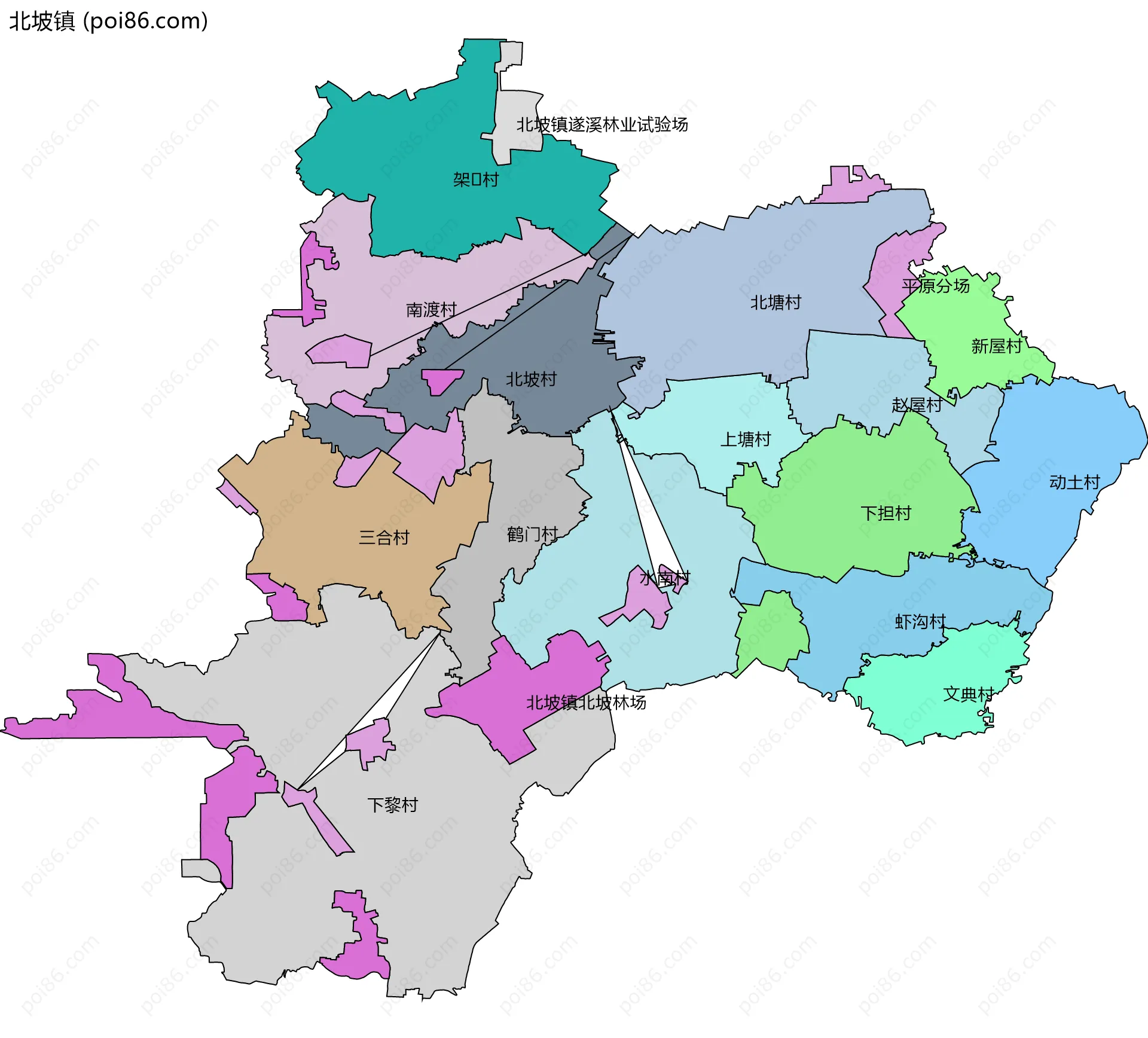 北坡镇边界地图(五级行政区划)