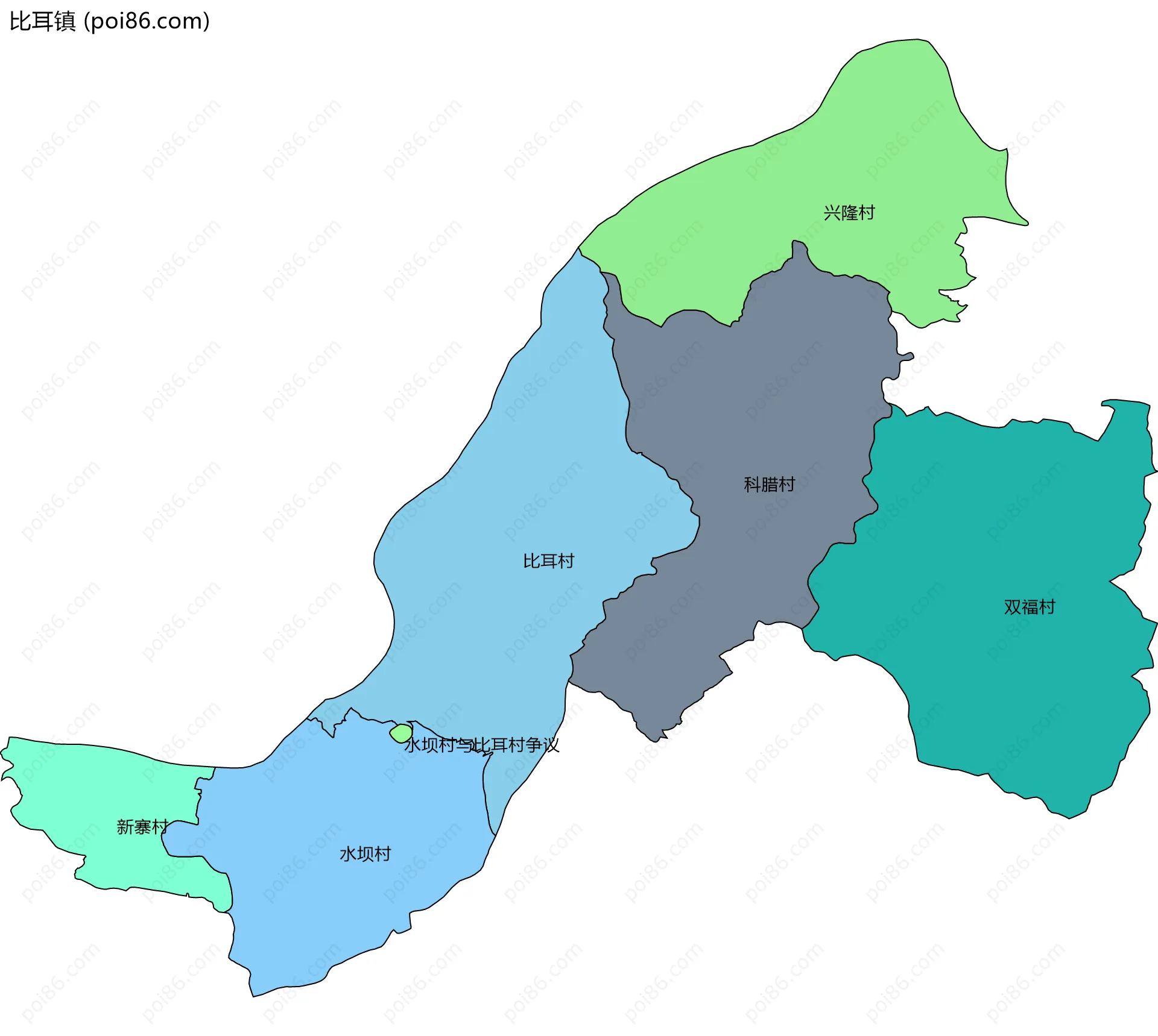 比耳镇边界地图(五级行政区划)