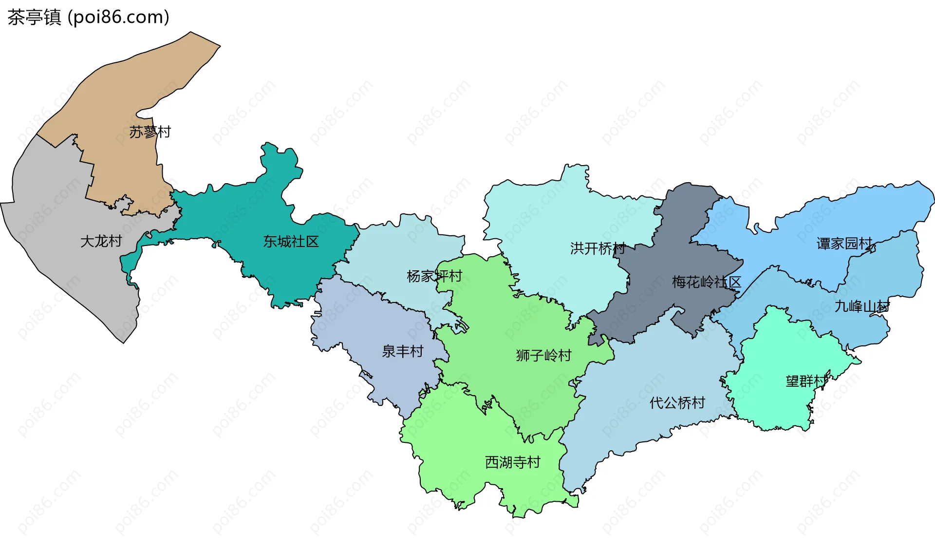 茶亭镇边界地图(五级行政区划)