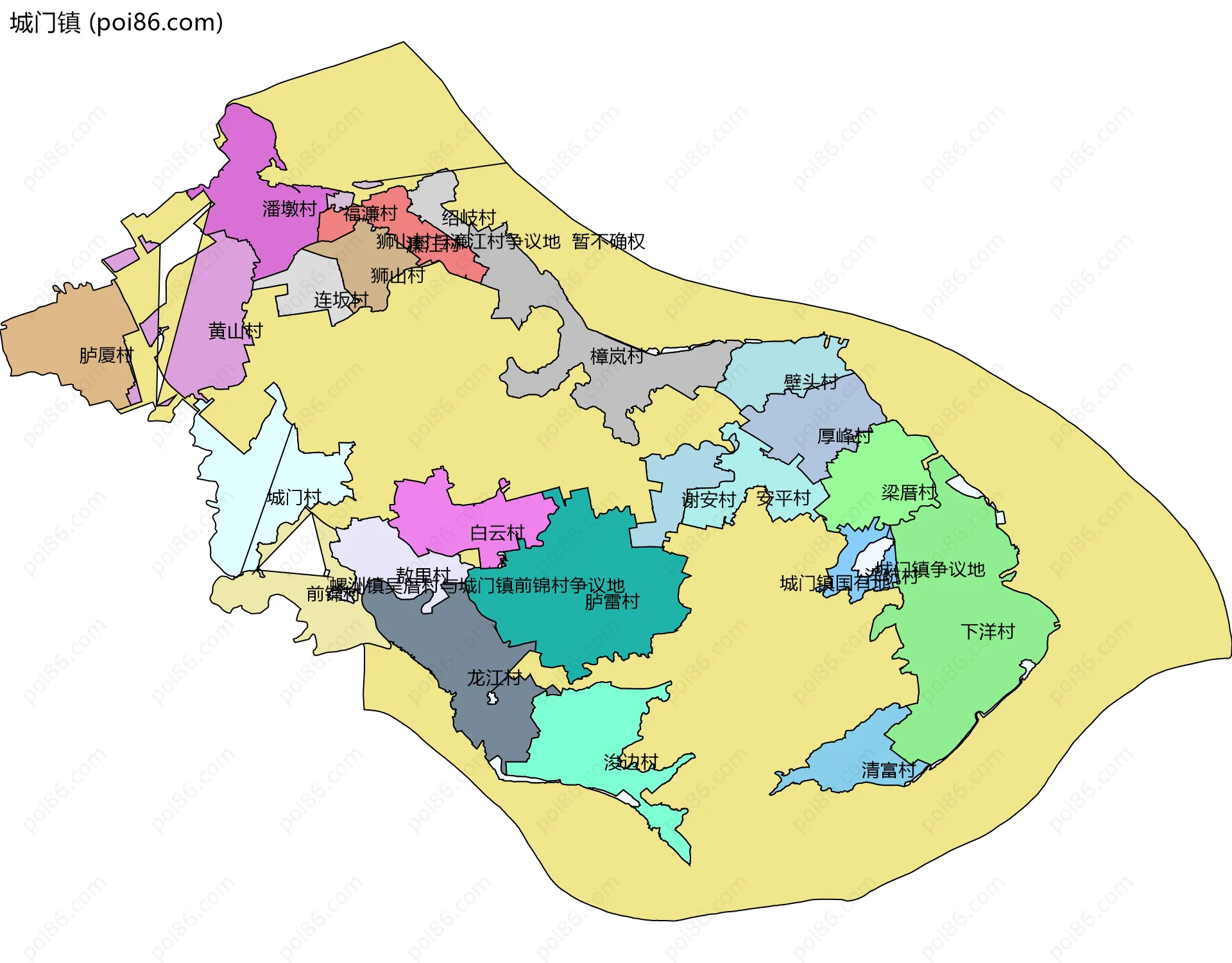 城门镇边界地图(五级行政区划)
