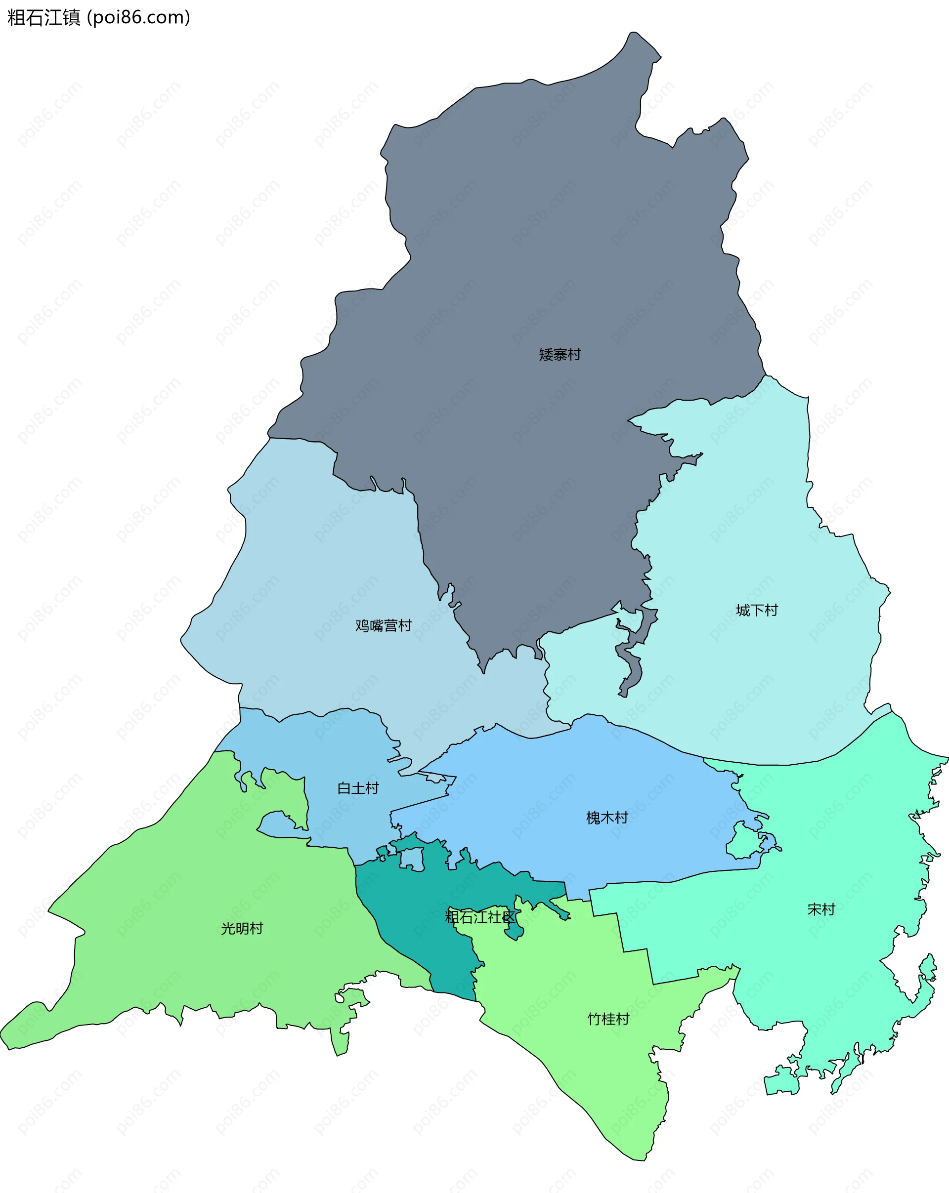 粗石江镇边界地图(五级行政区划)
