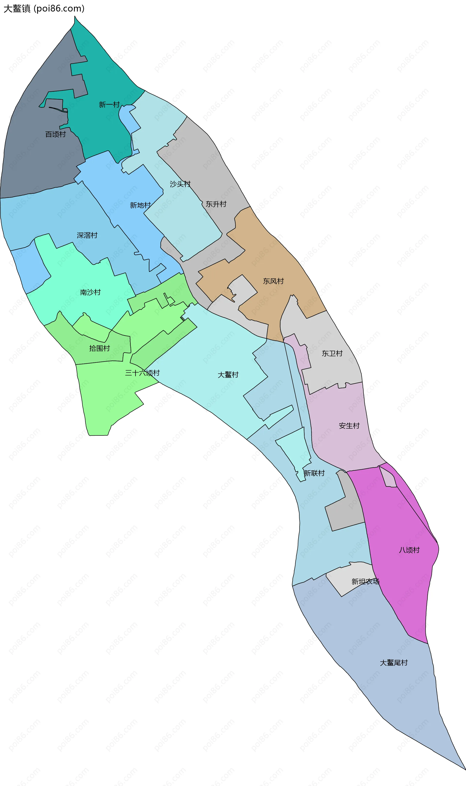 大鳌镇边界地图(五级行政区划)