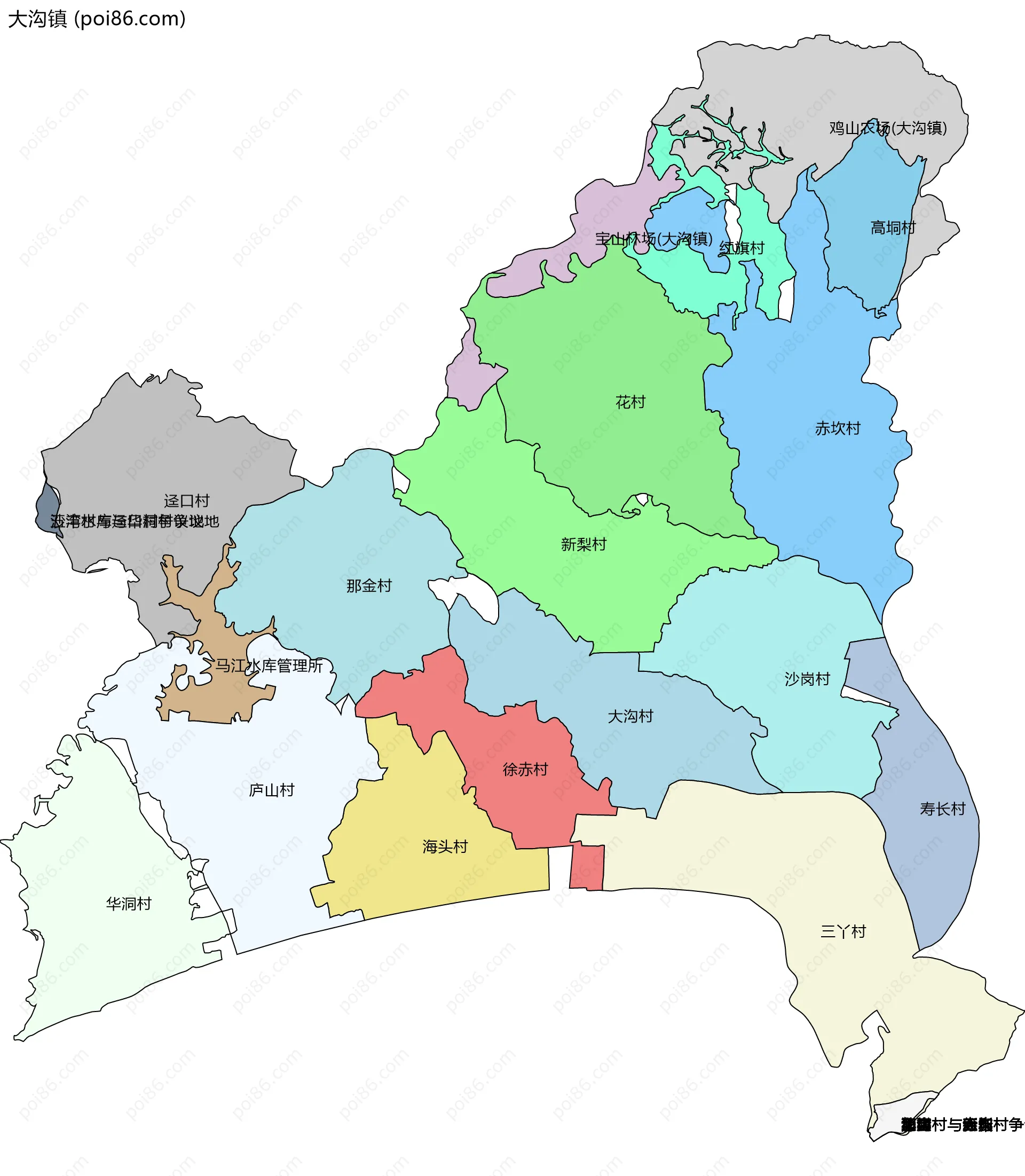 大沟镇边界地图(五级行政区划)