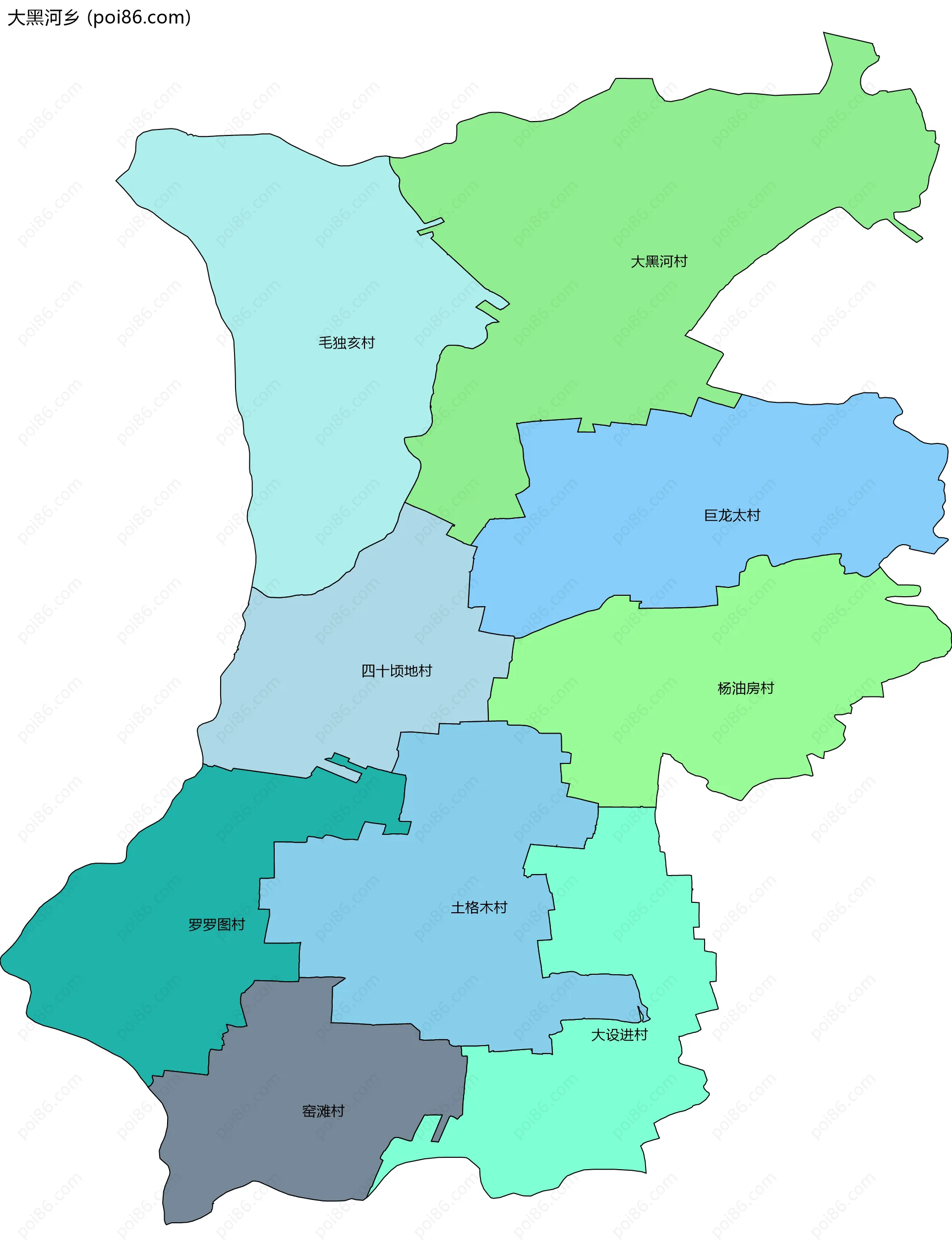 大黑河乡边界地图(五级行政区划)
