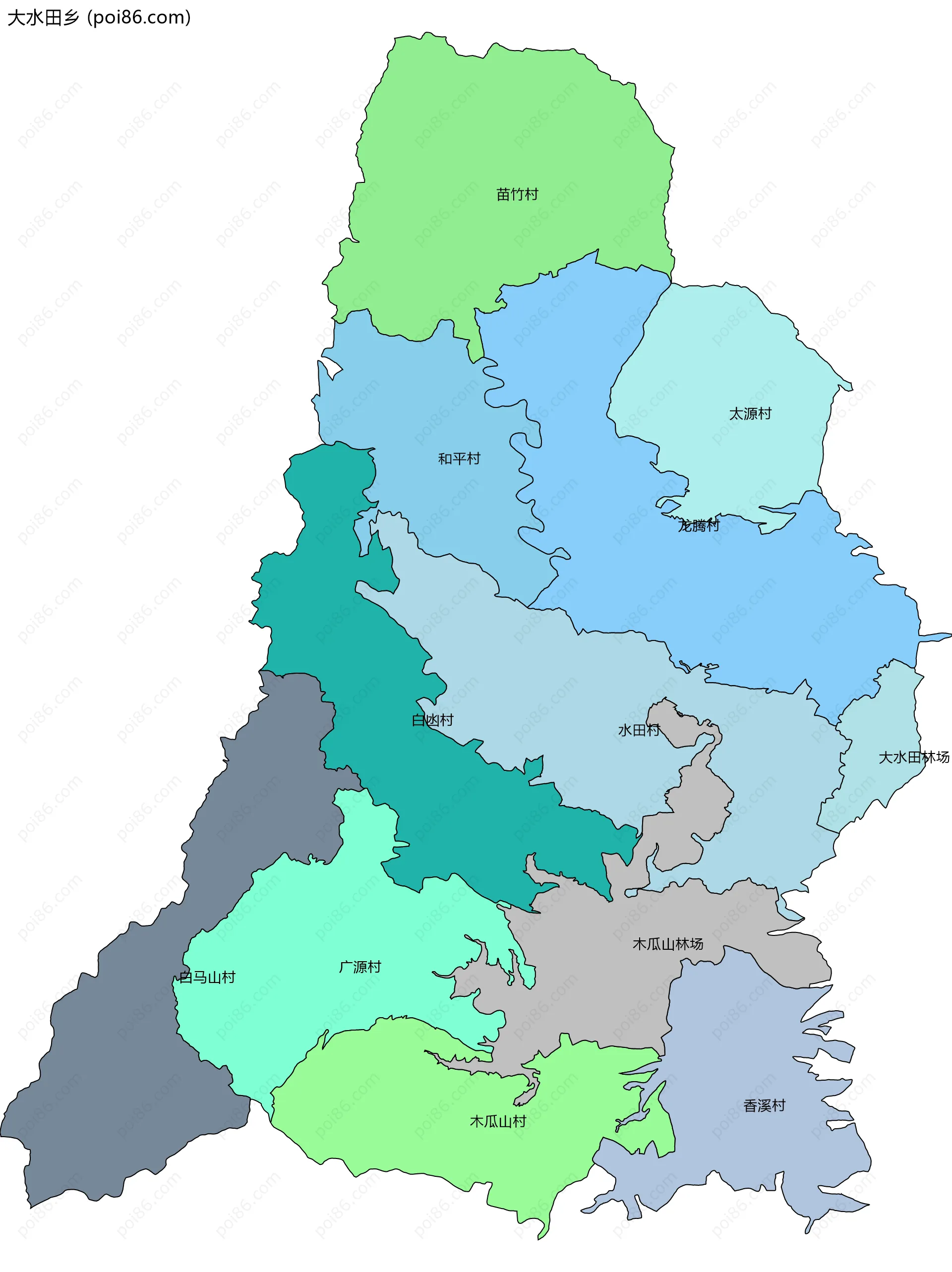 大水田乡边界地图(五级行政区划)