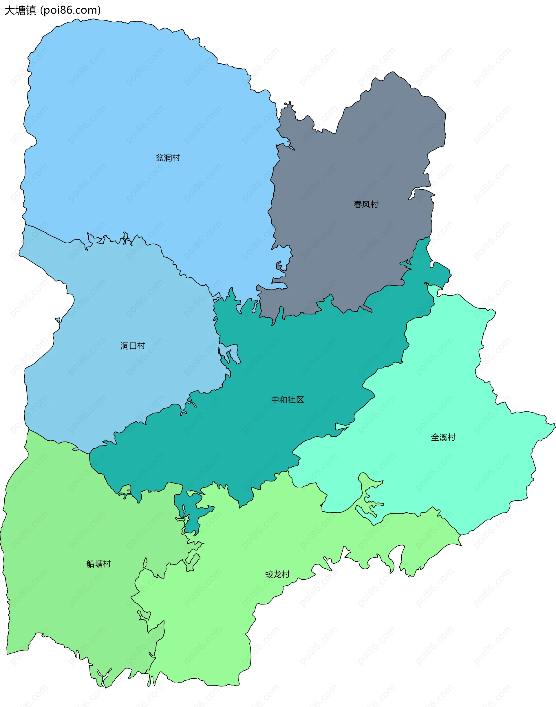 大塘镇边界地图(五级行政区划)