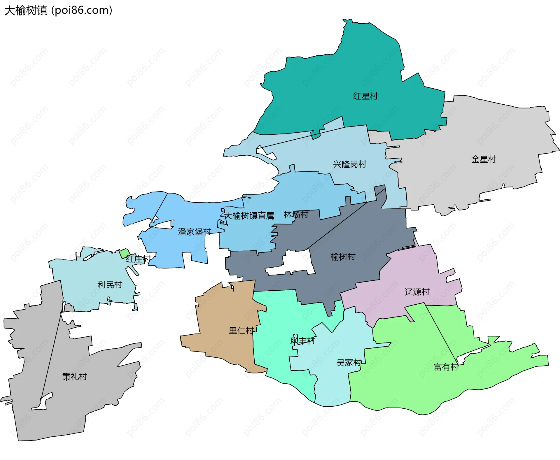 大榆树镇边界地图(五级行政区划)