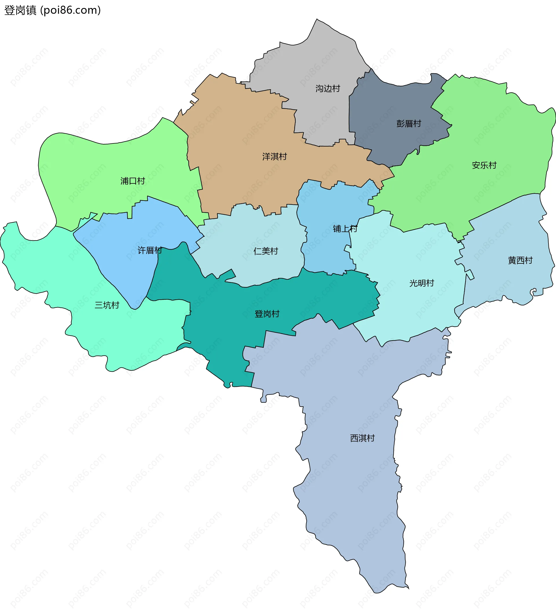登岗镇边界地图(五级行政区划)