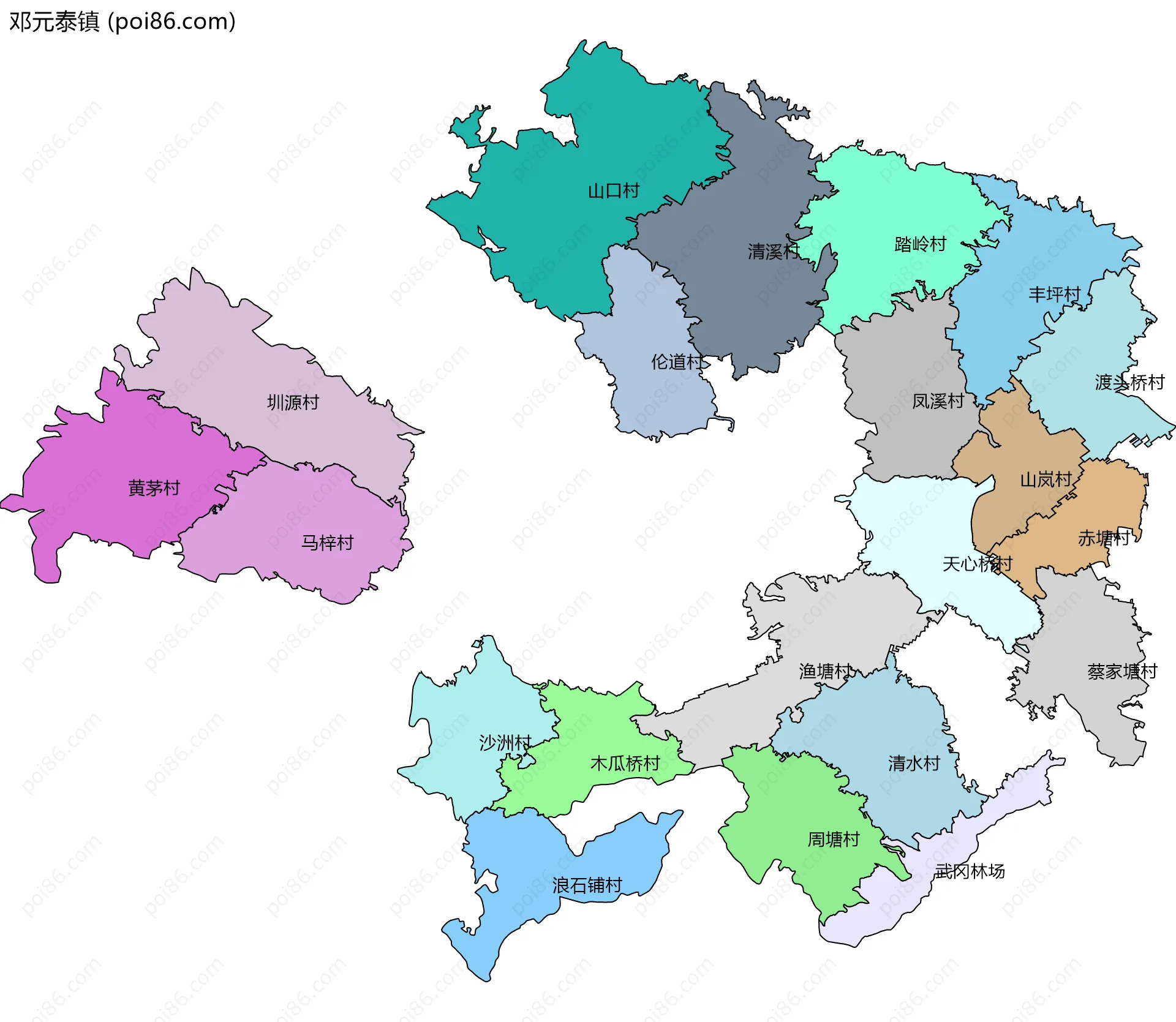 邓元泰镇边界地图(五级行政区划)
