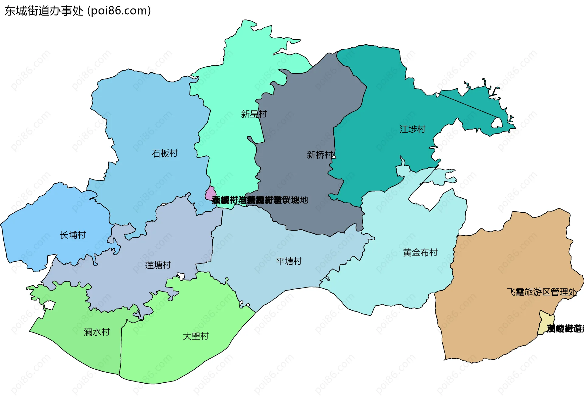 东城街道办事处边界地图(五级行政区划)