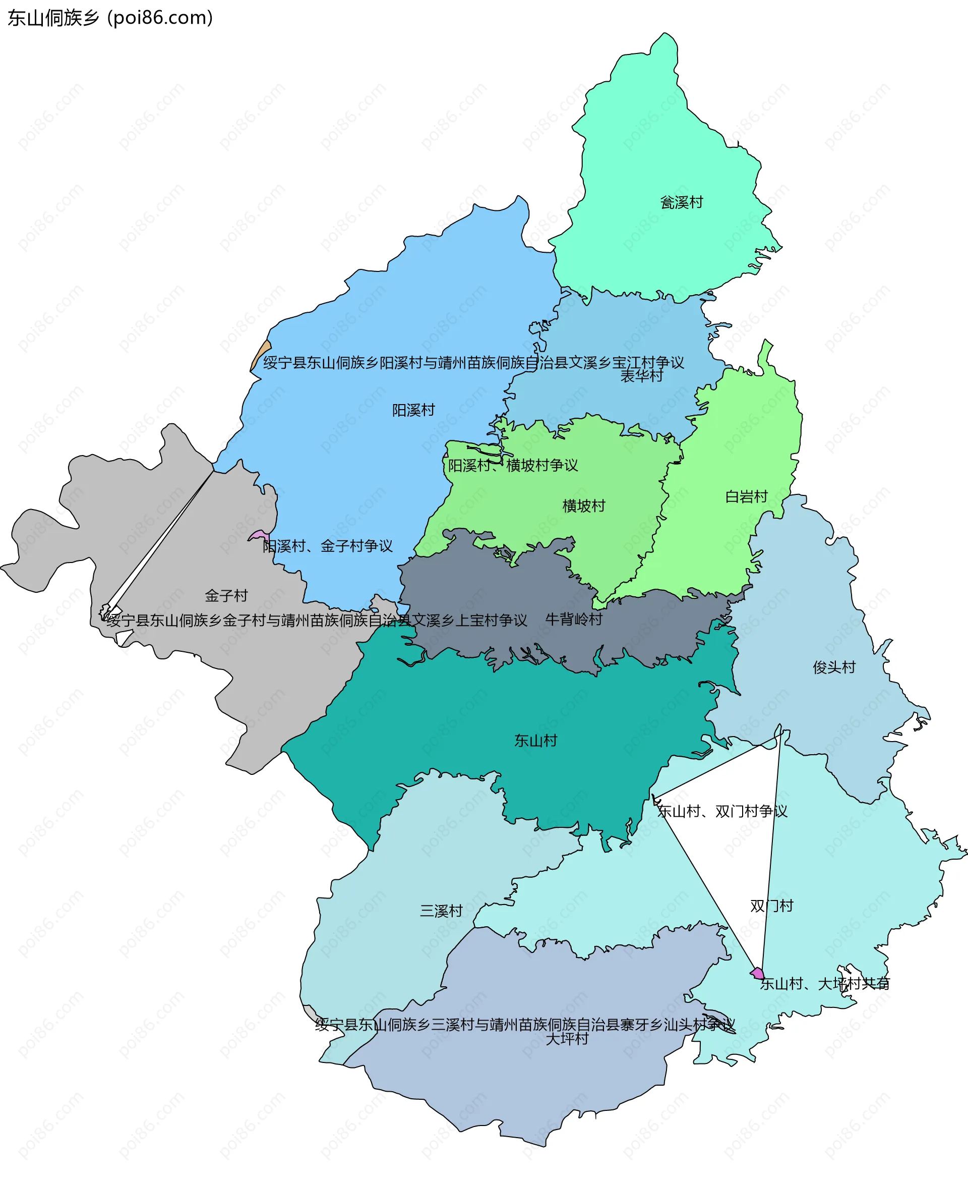 东山侗族乡边界地图(五级行政区划)