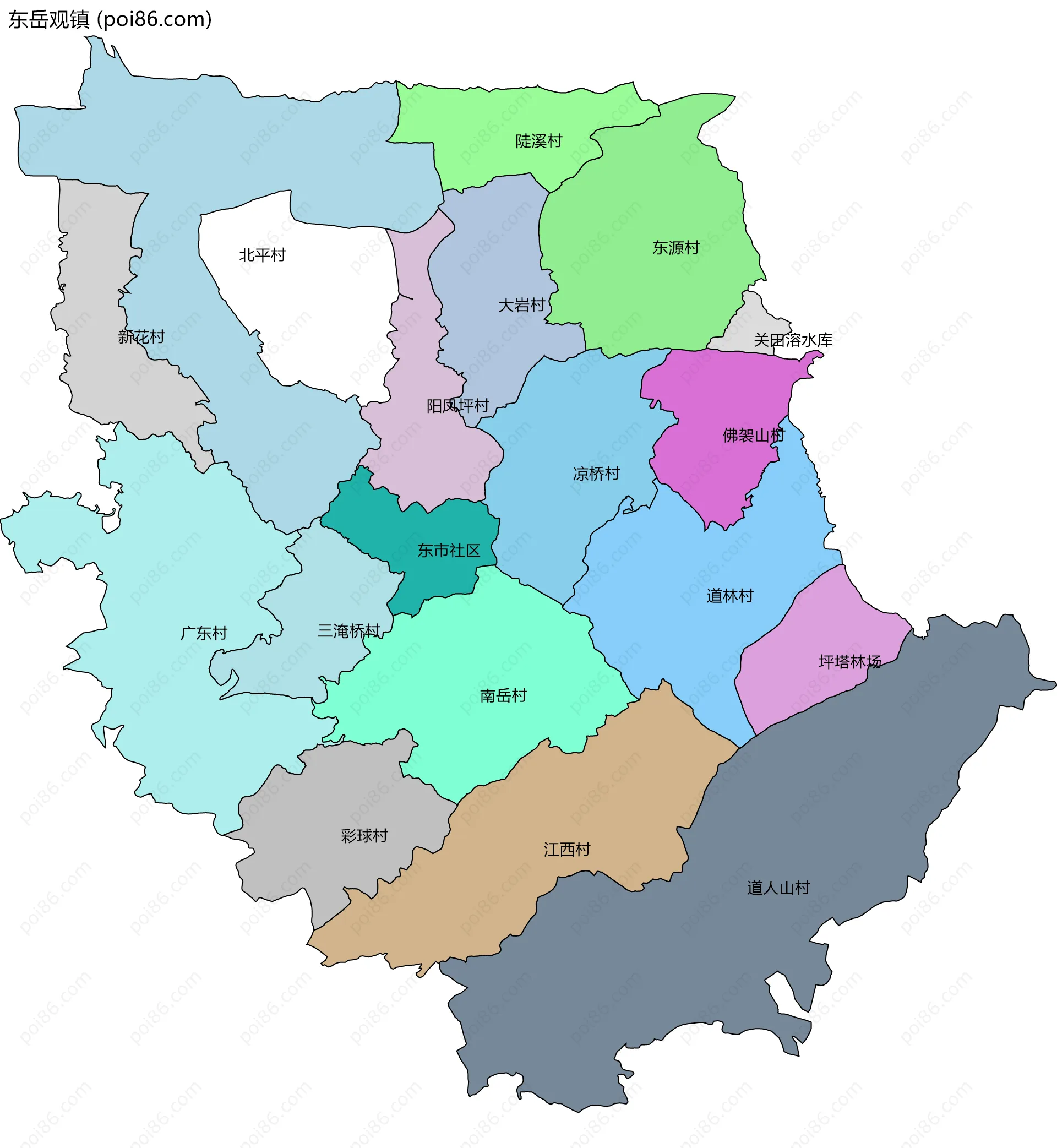 东岳观镇边界地图(五级行政区划)