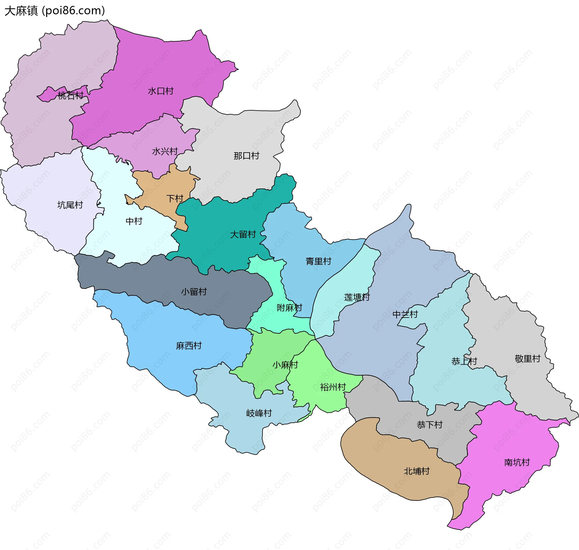 大麻镇边界地图(五级行政区划)