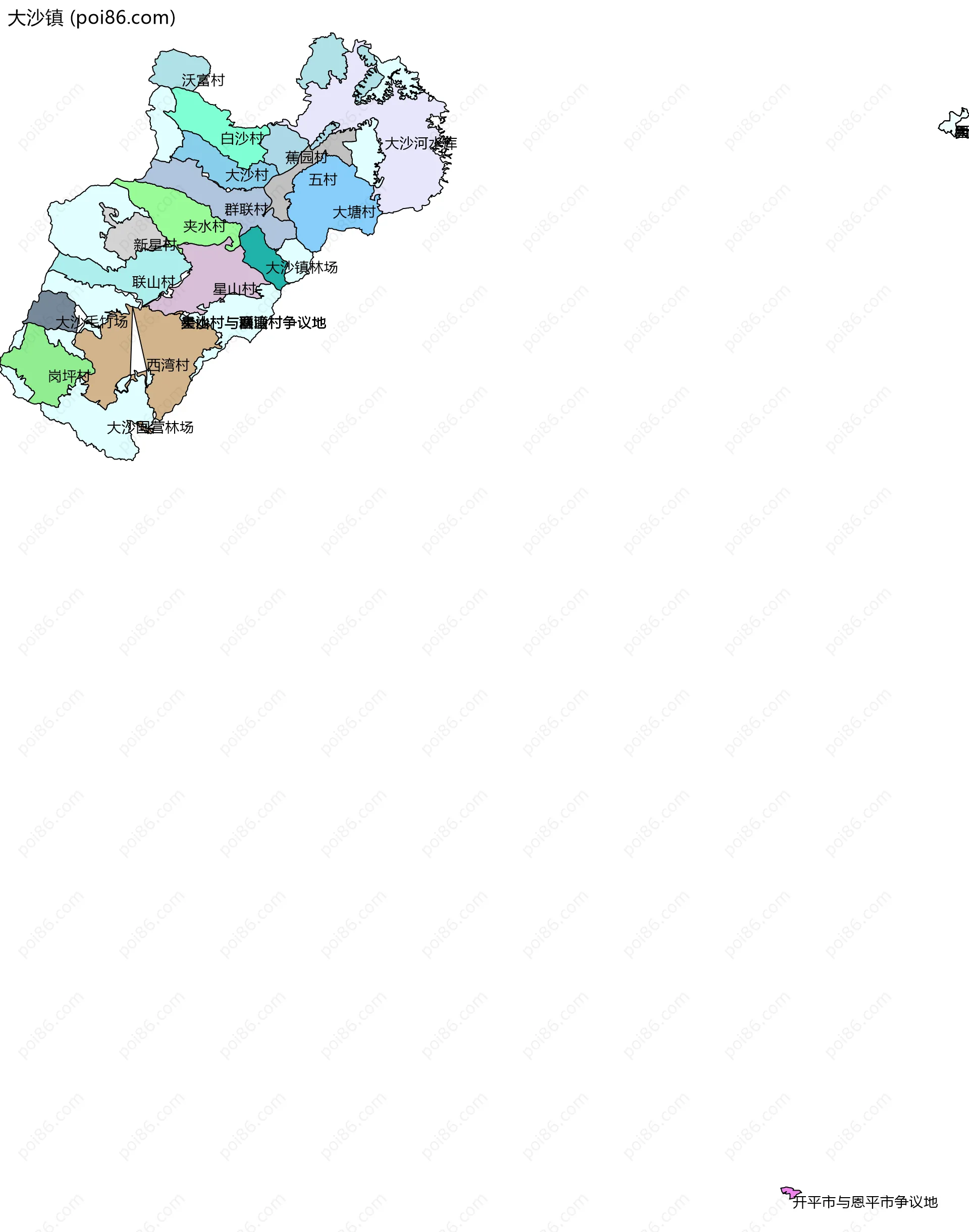 大沙镇边界地图(五级行政区划)