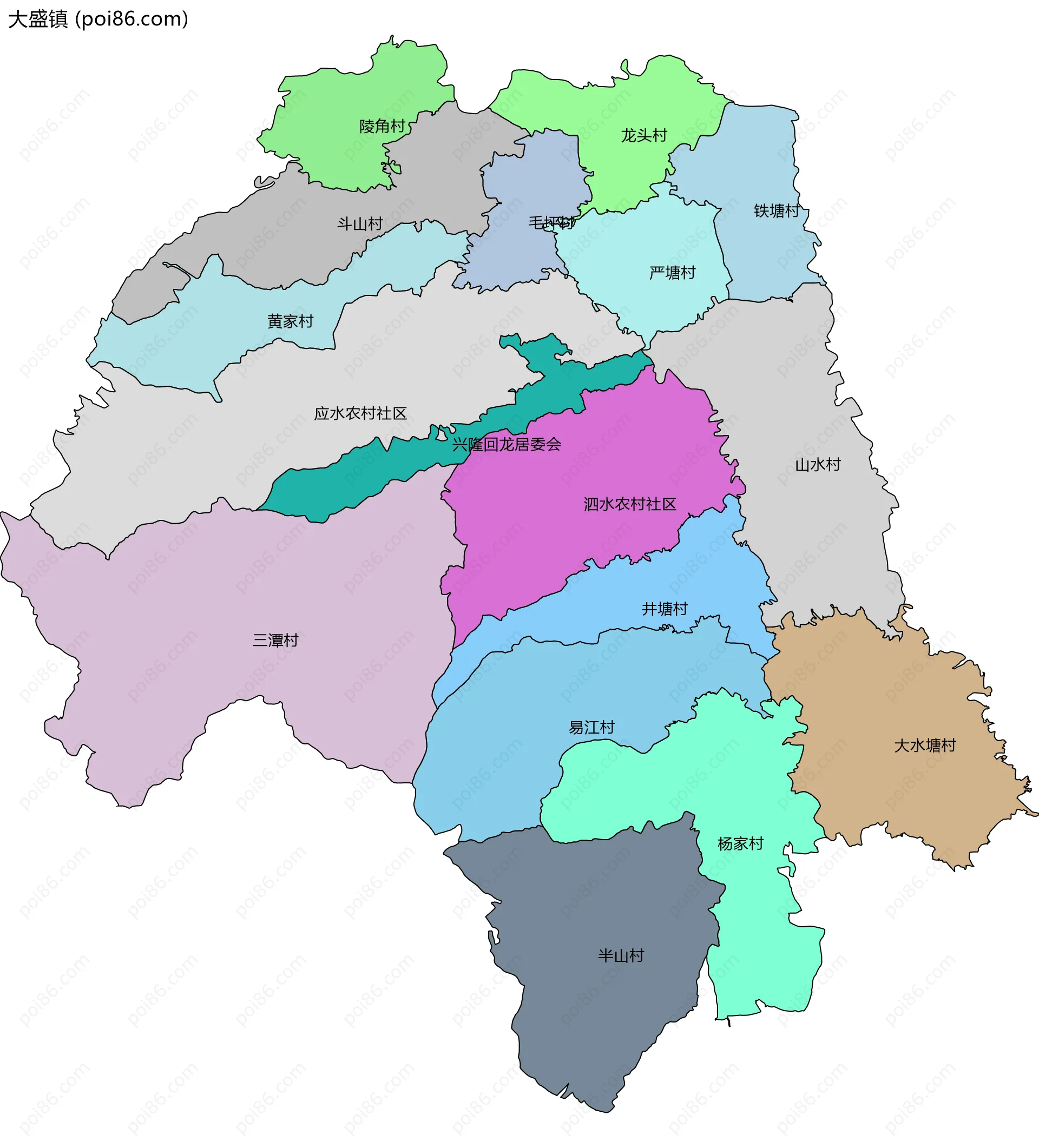 大盛镇边界地图(五级行政区划)