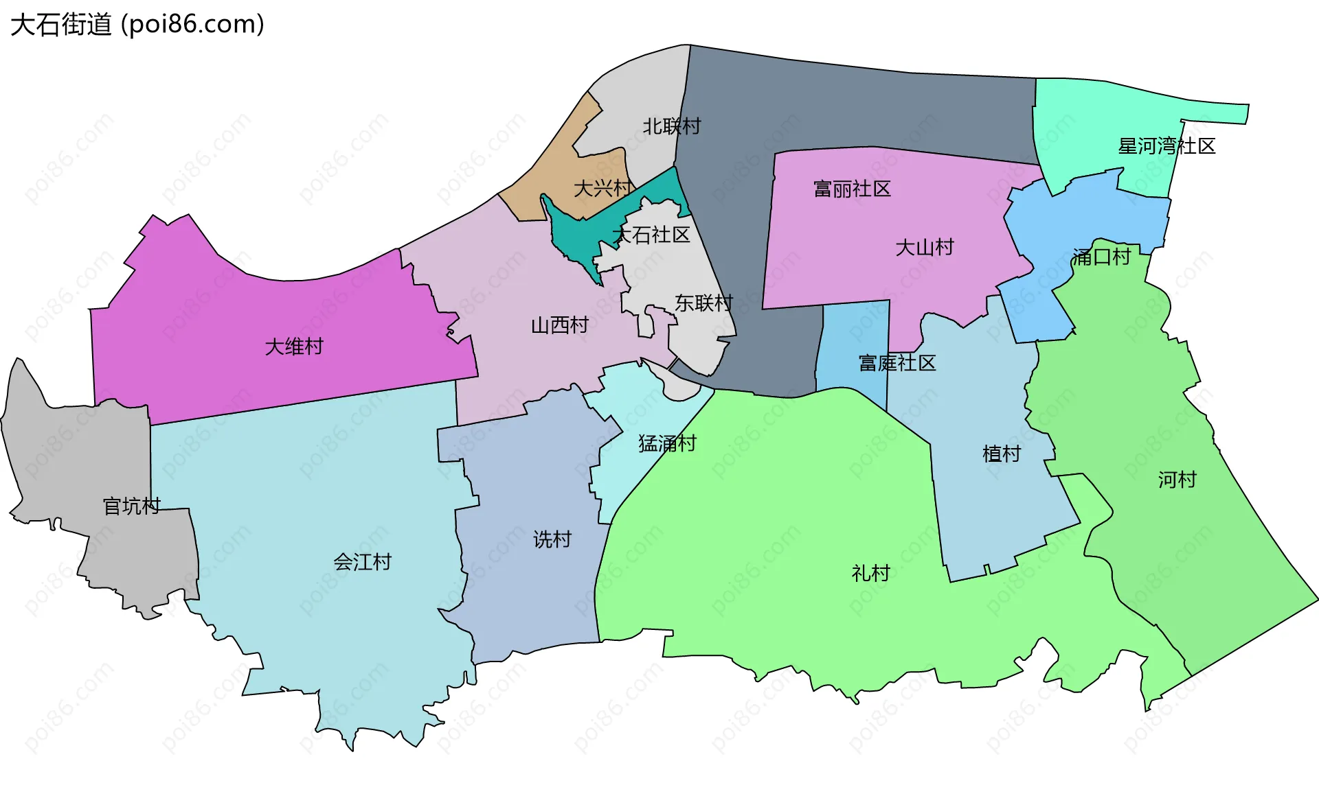 大石街道边界地图(五级行政区划)